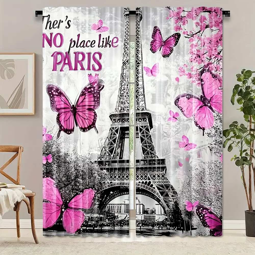 2pcs Paris Theme Butterfly Print Curtains - Pink Cherry Blossom Design, Semi-Transparent Polyester, Machine Washable, Rod Pocket, for Bedroom, Living Room, Holiday Decor