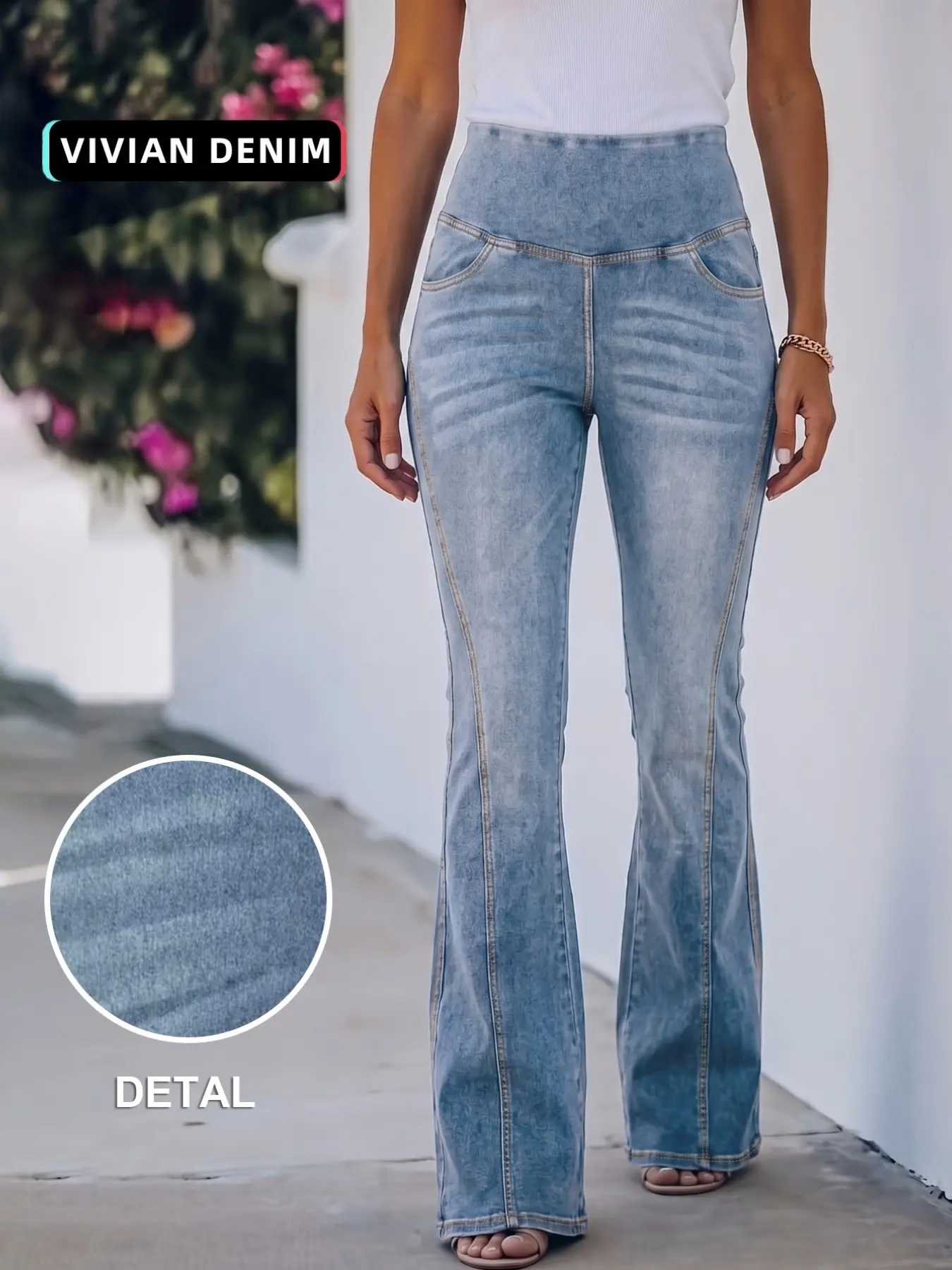 Light Blue Washed Belly Support Microflare Jeans, High Elastic Soft Slimming Midlife Pregnant Women Daily Commute Long Pants