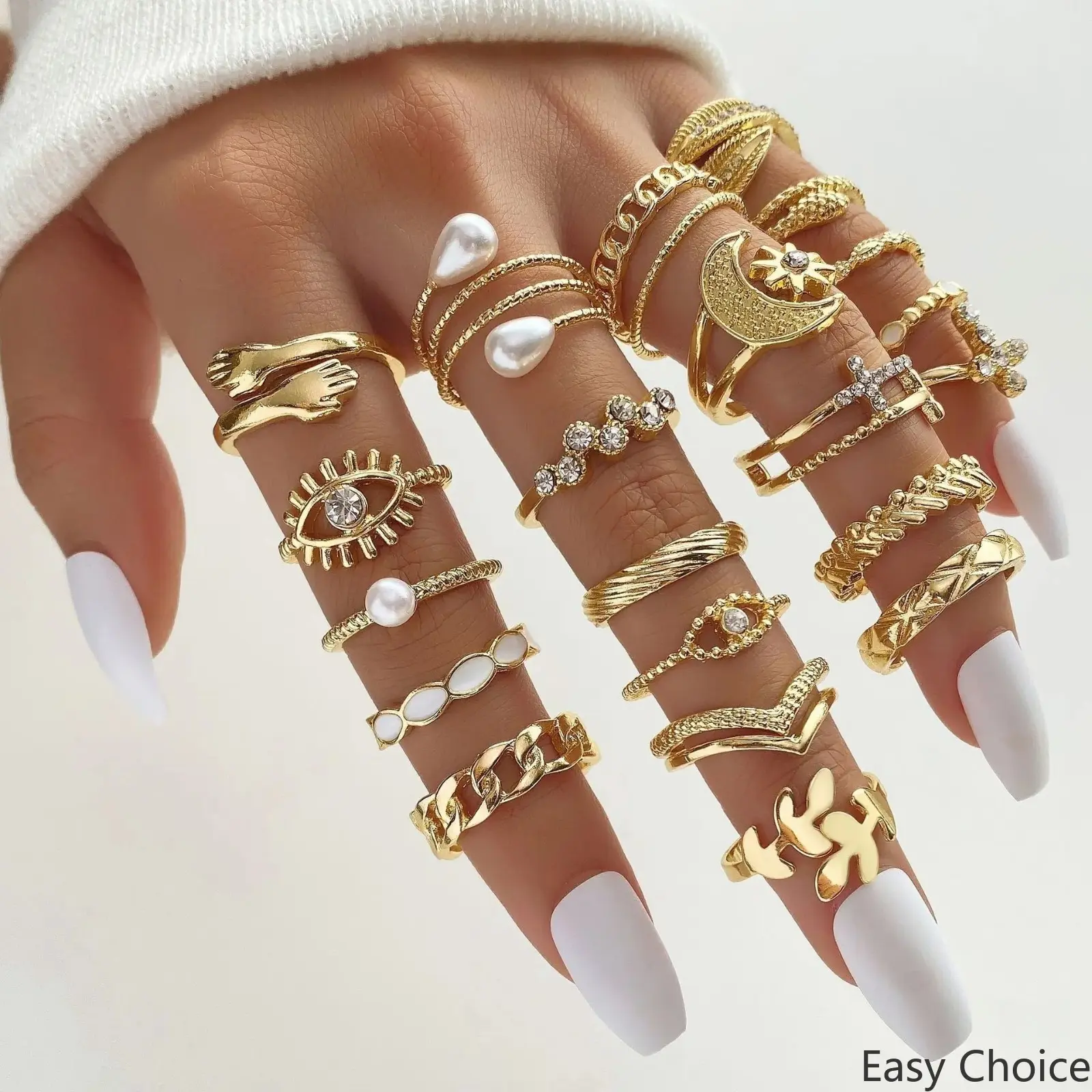 Women Boho Gold Stackable Rings Set, Evil Eye Pearl Crystal Moon Star Cross Hugging Hands Knuckle Rings, Vintage Aesthetic Stacking Jewelry, Versatile Accessory For Daily, Outdoor & Casual Outfit Matching