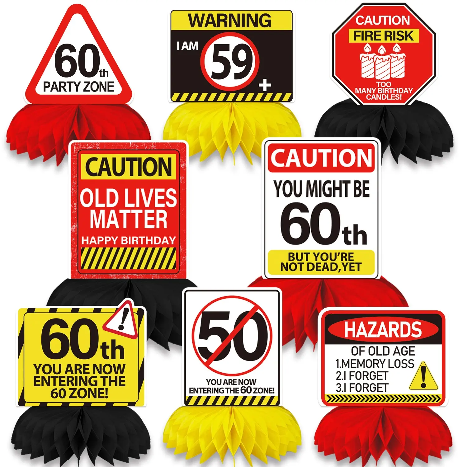 8Pcs Funny 60th Birthday Warning Sign Honeycomb Table Centerpieces, Caution Road Sign Themed Table Decorations, Old Age Joke Party Supplies for Men Women 60 Years Old Birthday Party Tabletop Decor