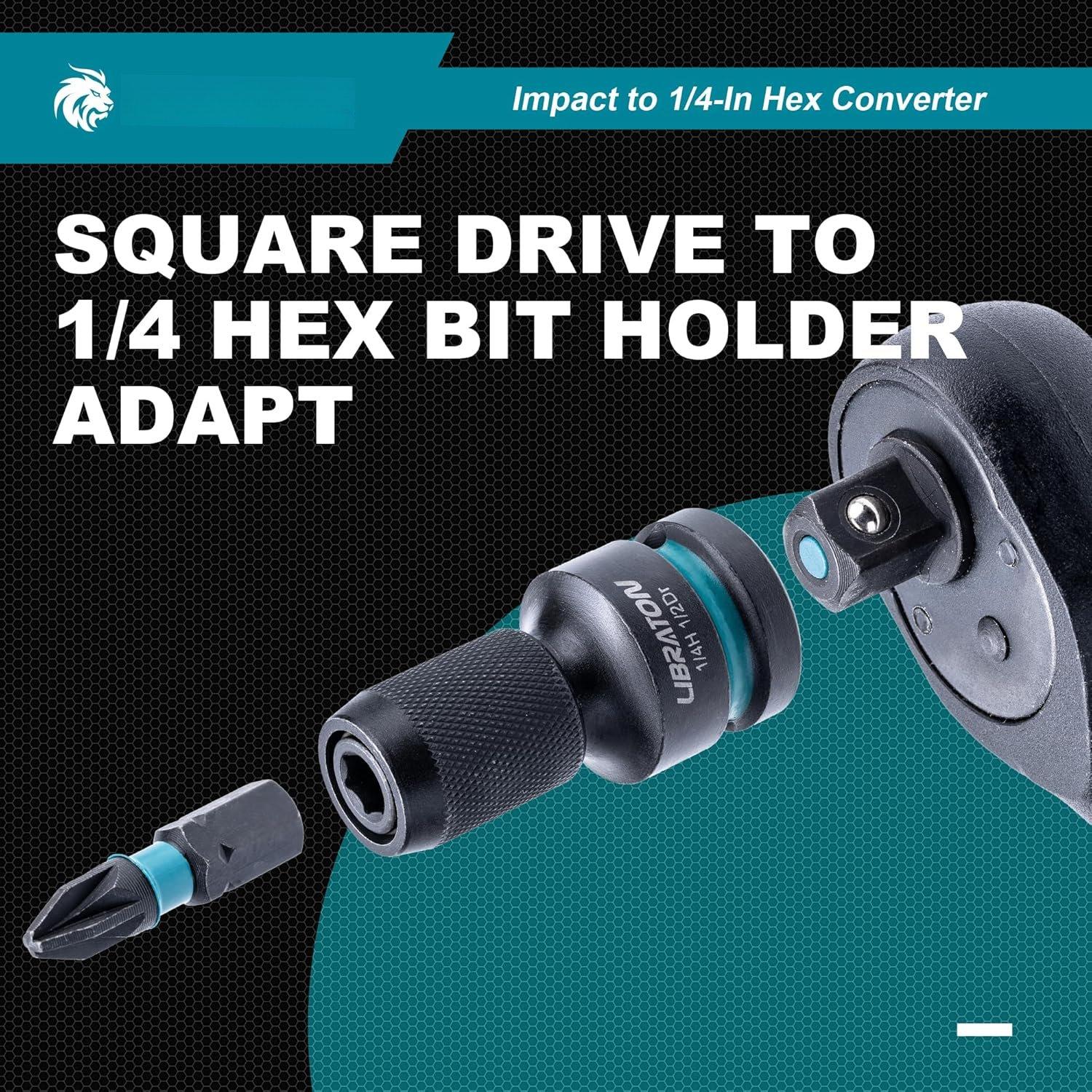 to 1/4 Hex Converter, 1/2 3/8 1/4-INCH Drive Female to 1/4-Inch Hex Adapter,  Wrench Adapters for Ratchet Wrench Drivers,  Bit Holders, Quick-Change Chuck, Cr-Mo Steel