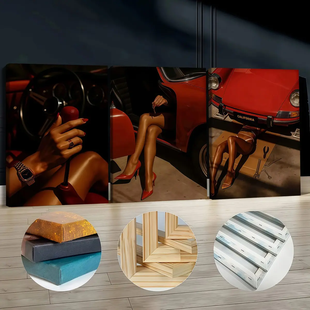 3-Pack Wood Frame Canvas Posters, Retro Sports Car Art, Modern Living Room Decor, Waterproof, Suitable for Hallway, Office, Bedroom