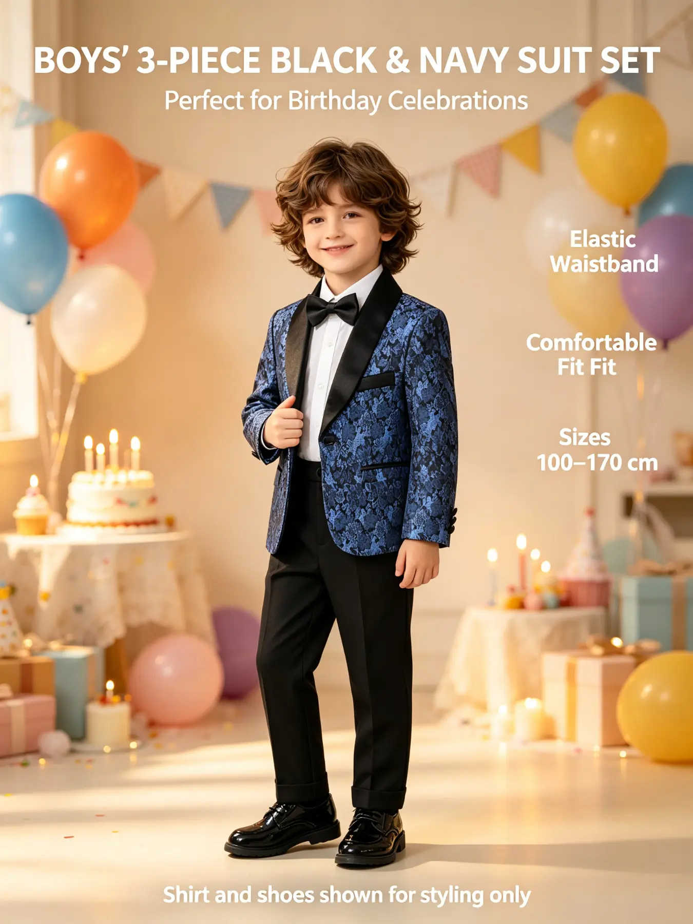 3 Pieces Boys Elegant Floral Jacquard Tuxedo Suit Set, Satin Lapel Blazer + Elastic Waist Cuffed Dress Pants + Bow Tie, Kids Formal Outfit for Wedding, Violin Performance, Birthday Party, Graduation, Available for Height 100cm-170cm