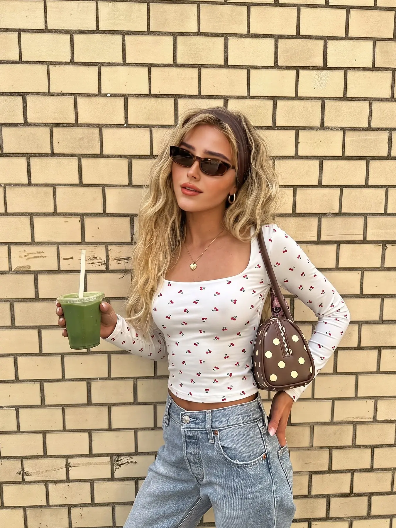 Women's Ditsy Cherry Print Square Neck Long Sleeve Tops, Ribbed Slim Fitted Cropped Bodycon T-Shirts Vintage Y2K Coquette Retro Casual Street Daily Going Out Aesthetic Coffee Date Fitted Basic Layering Blouse #tiktokmademebuyit #girlsstyle #croptop #ootd