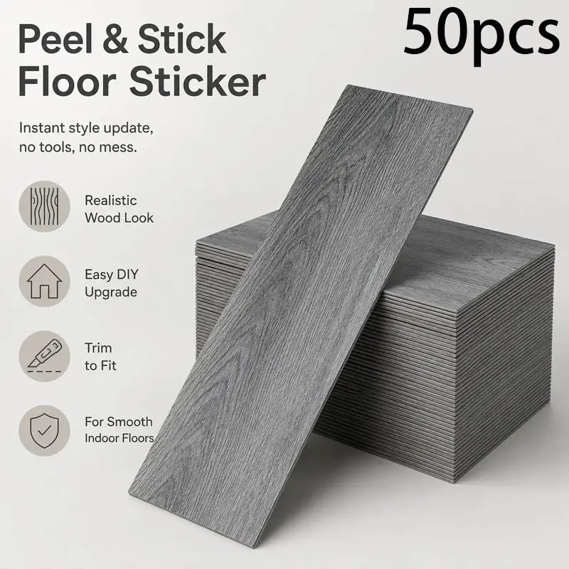 50 Pieces Retro Wood Grain Self-Adhesive Floor Tiles, DIY Peel and Stick Vinyl Flooring Stickers, Kitchen and Bedroom Decor, Home Renovation, Wood Look Tiles