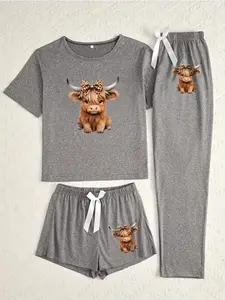 Women's Three-Piece Pajama Set, Highland Cow Print, Casual Elegant Loungewear, All-Season Comfortable Sleepwear