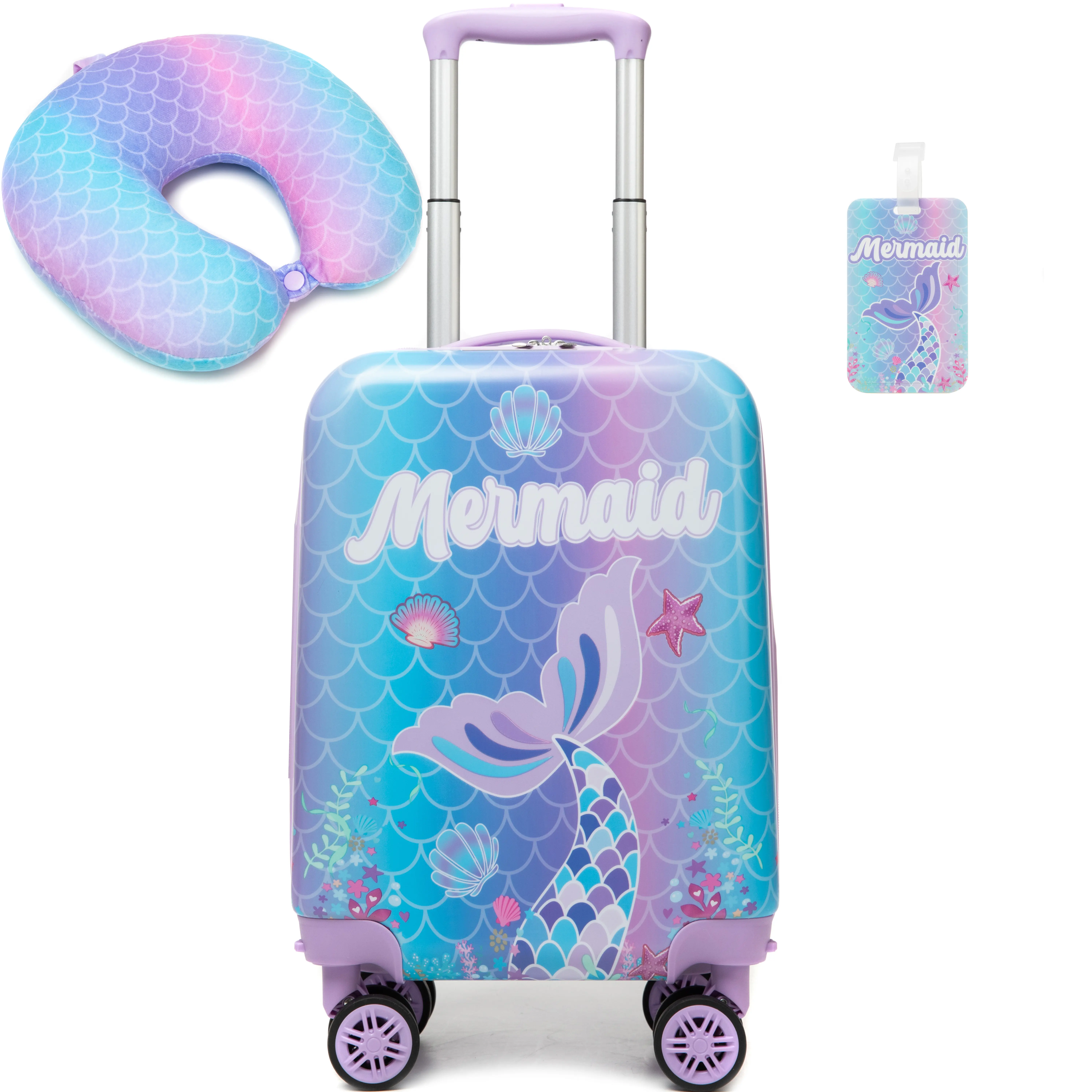 Kids Spinner Luggage Set Girls Hard Shell Suitcase with Travel Neck Pillow Luggage Tag Mermaid Theme Trolley Case