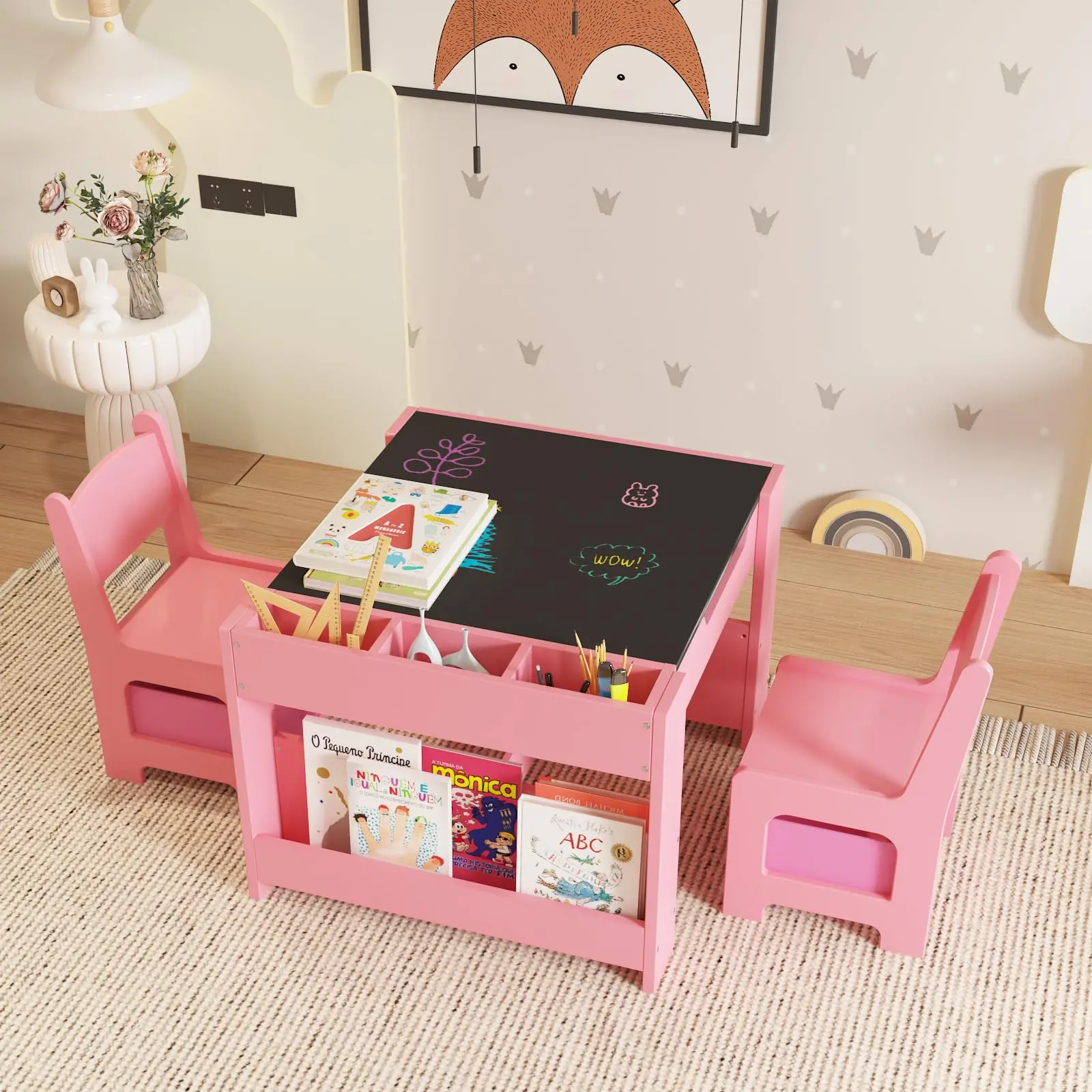 4-In-1 Wooden Kids Table and Chair Set with Storage Drawer – Detachable Activity Tabletop for Toddlers’ Drawing, Reading, Crafts, and Homework, Ideal for Nursery and Playroom