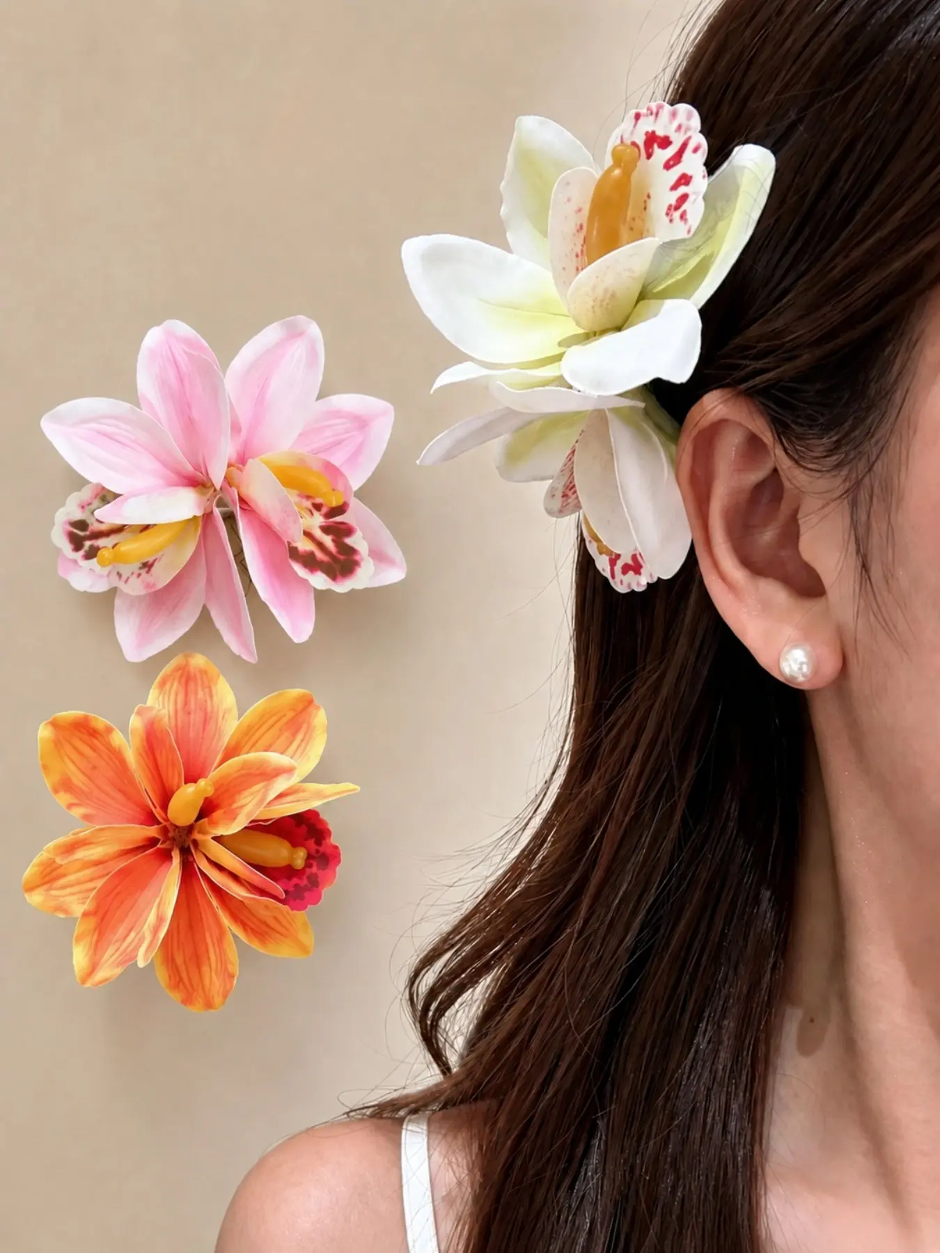 3 Pcs Boho Orchid Hair Clips for Women, Flower Hair Clip, Tropical vibe Beach Floral Hair Accessories, Perfect for Summer Vacation, Party, Multi-Use Bag Decor