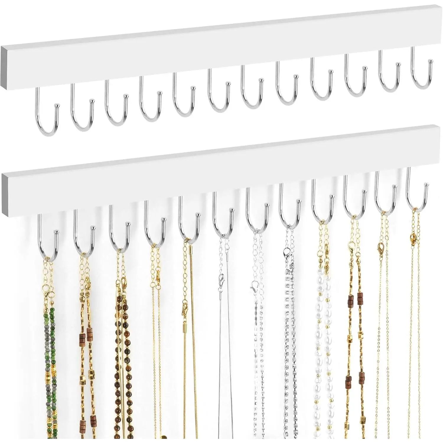 2 Pack Necklace Organizer Wall Mount, Wooden  Hanger Necklace Holder with 24 Hooks,  Organizer, White