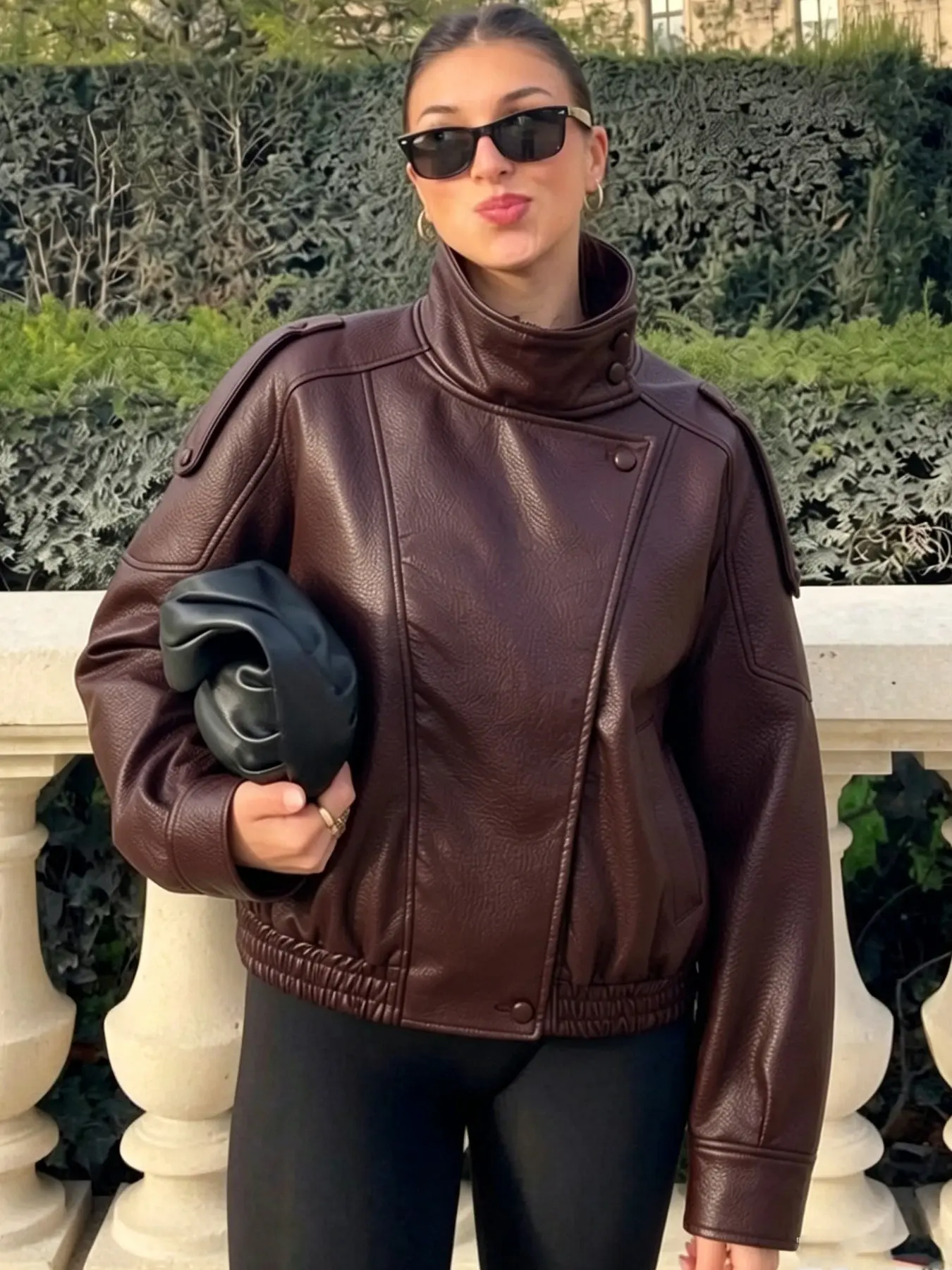 Faux Leather Jacket Women's Bomber Jacket High Neck Long Sleeve Tops Asymmetric Zip Up Biker Motorcycle Jacket Loose Fit Cropped Burgundy Brown Black Jacket Streetwear Casual Autumn Button Outerwear Coats Fashion Fit Jacket