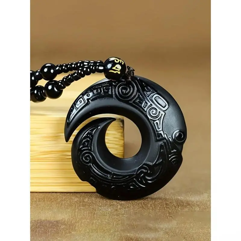 Natural Black Obsidian Bead Pendant Necklace - Unisex Lucky Amulet Bag Charm, Minimal Casual Style Accessory with Unique Touch for Daily All-Match Outfits, Eye, Male, Minimalist, Lightweight, Chain key strawberry trendy cute cherry design bag charm