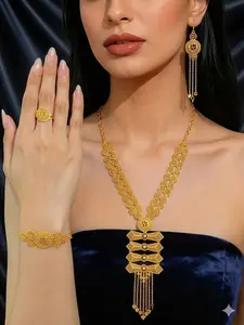Four women's gold-plated jewelry sets, Middle East Dubai long pendant necklace earrings bracelet ring adjustable, high-grade design, suitable for parties and banquets.