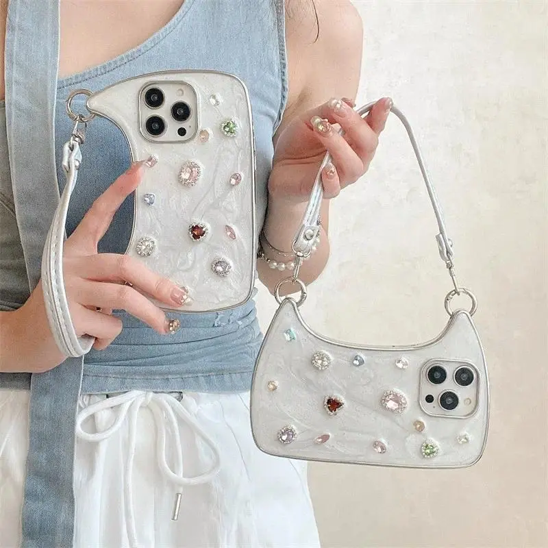 Cellphone Protector for Women, Glam Quilted Silicone Handbag-Style Cover with Rhinestones and Crossbody Chain for iPhone Devices, Accessories, Plastic, For Iphone 13, Crossbody Bag, Women Users, Iphone Series