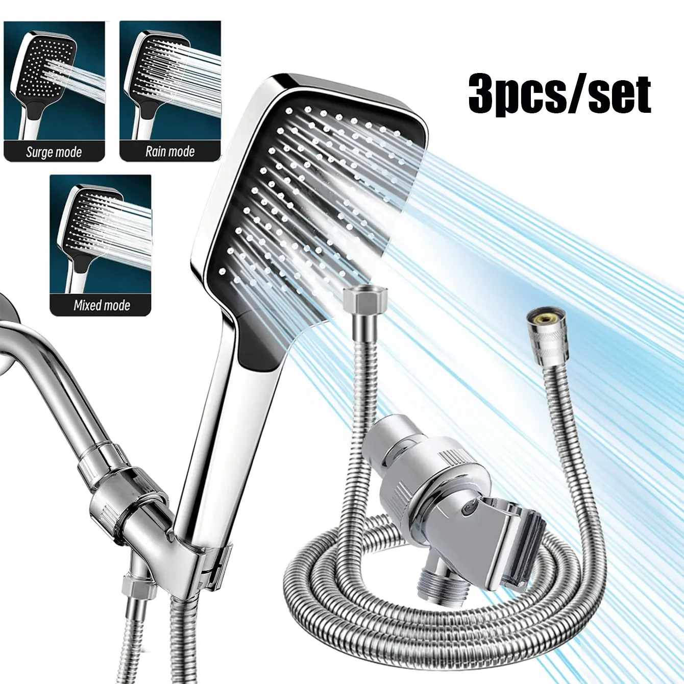 3pcs High Pressure Handheld Shower Head, 3-Spray Modes, 59inch Hose, Adjustable Bracket, Power Wash for Bathroom Cleaning