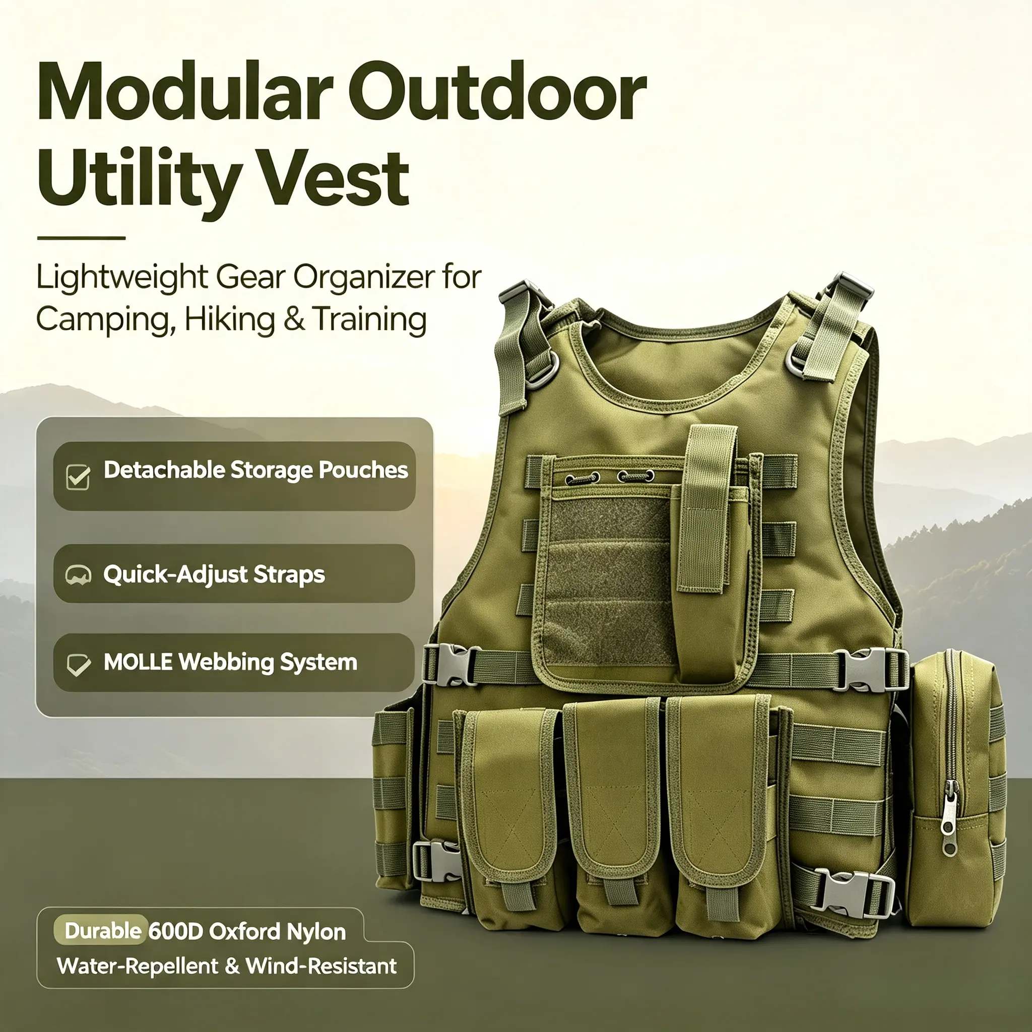 Modular Tactical Outdoor Utility Vest for Men, Lightweight 600D Oxford Woven Fabric with MOLLE Webbing, Removable Pockets & Quick-Adjust Chest Straps, Ideal for Hiking, Camping