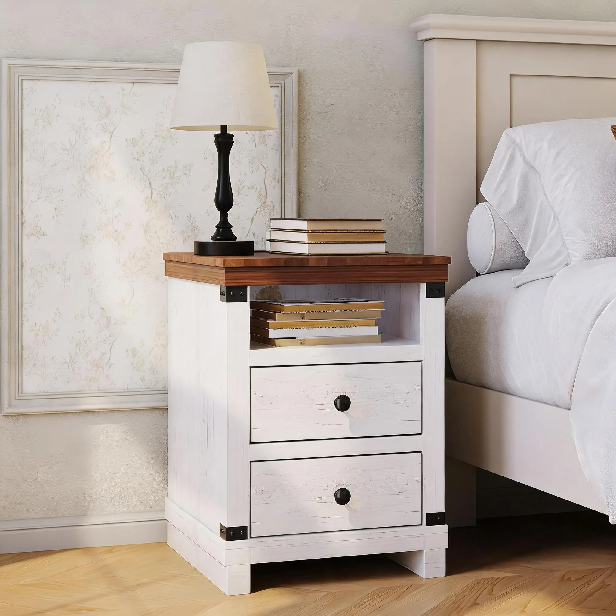 18 Inch Farmhouse Nightstand with Charging Station 2 Drawers Wood End Table for Bedroom Living Room Bedside Table with USB AC Outlets