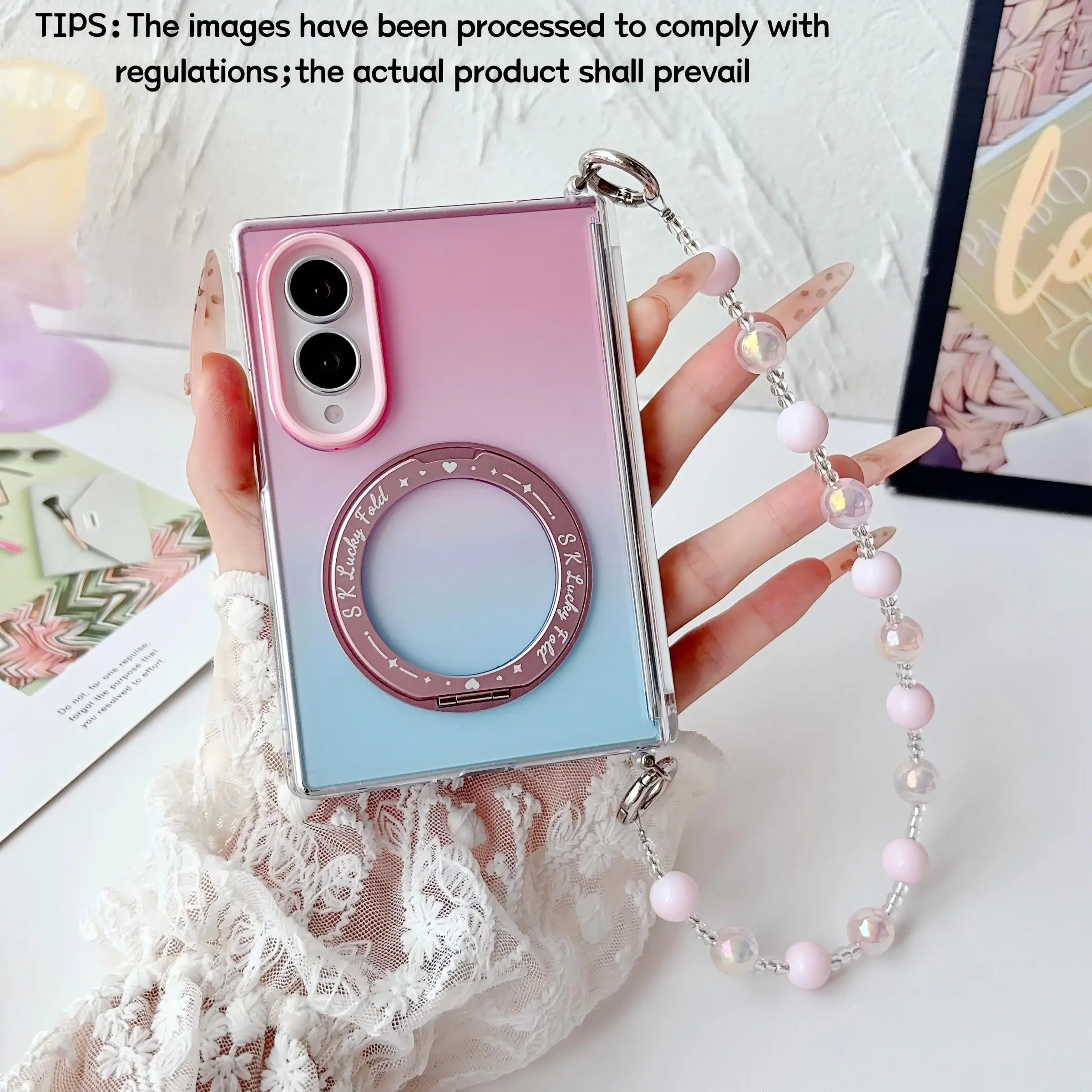 Three-section side buckle & gradient color & bracket phone case, with optional hand strap, for Samsung Galaxy Z Fold 8, magnetic support for wireless charging, bracket frees hands, strap prevents loss, stylish protective case, unique design for daily use