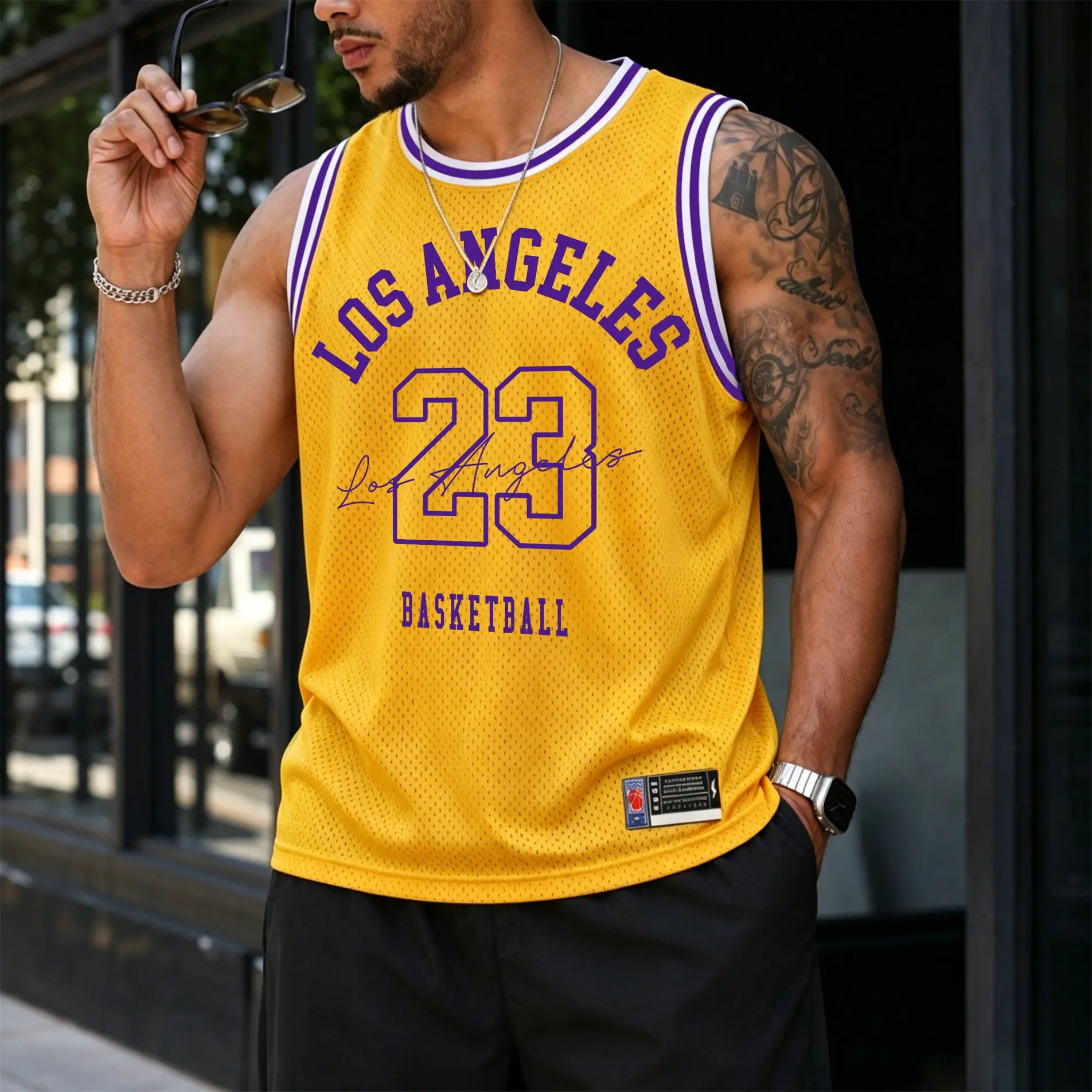 Men's Retro Mesh Tank Top "Los Angeles" And "23" Basketball Graphic; A Sleeveless, Athletic Jersey-Style Top Designed For Breathability—Perfect For Workouts, Running, Or Casual Street-Style Summer Wear.