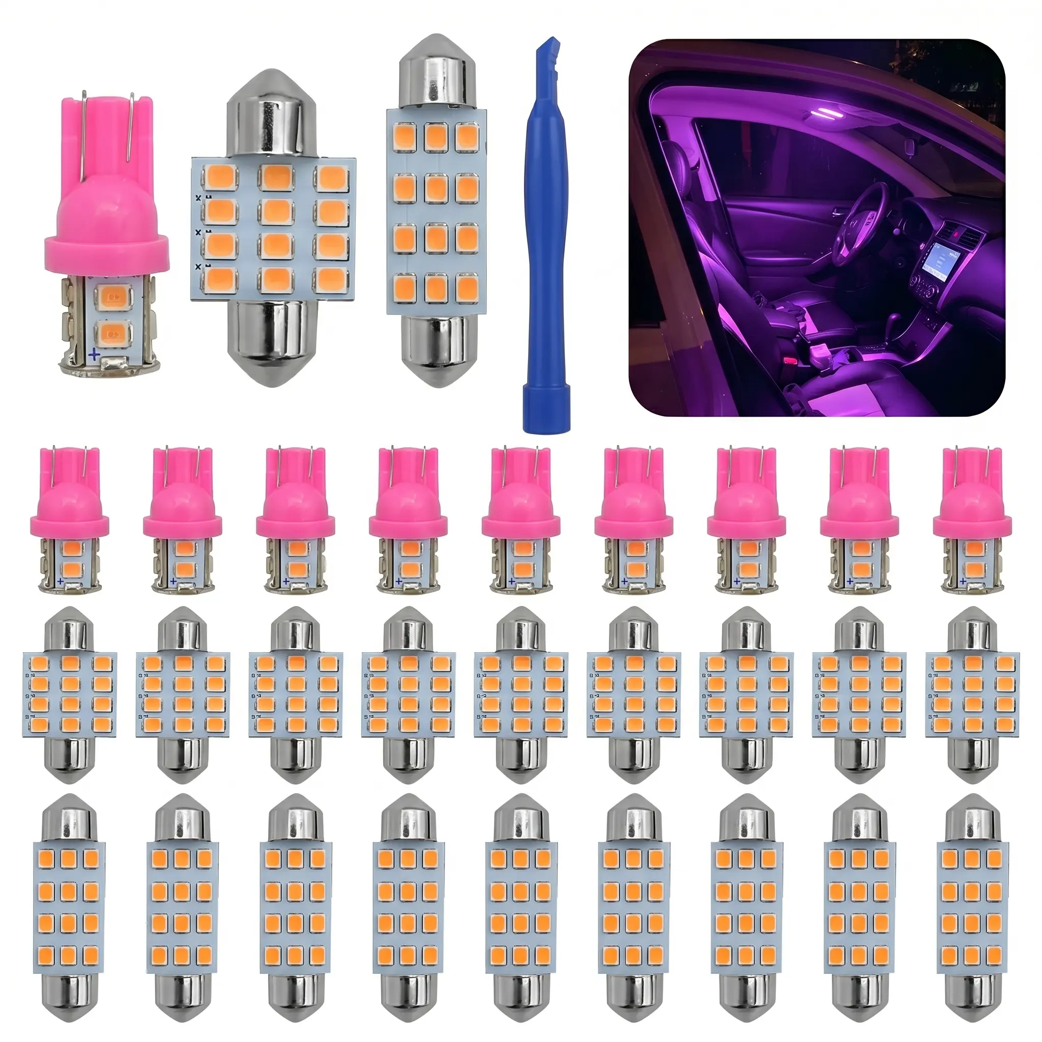 24-Piece LED Car Ambient Lights Set - Assorted Sizes (T10/DE Series, 31mm, 41mm Festoon Bulbs), Plug-N-Play, Tool-Free Install, Bright Output, Door Welcome Lights, Universal Map/Dome Replacement