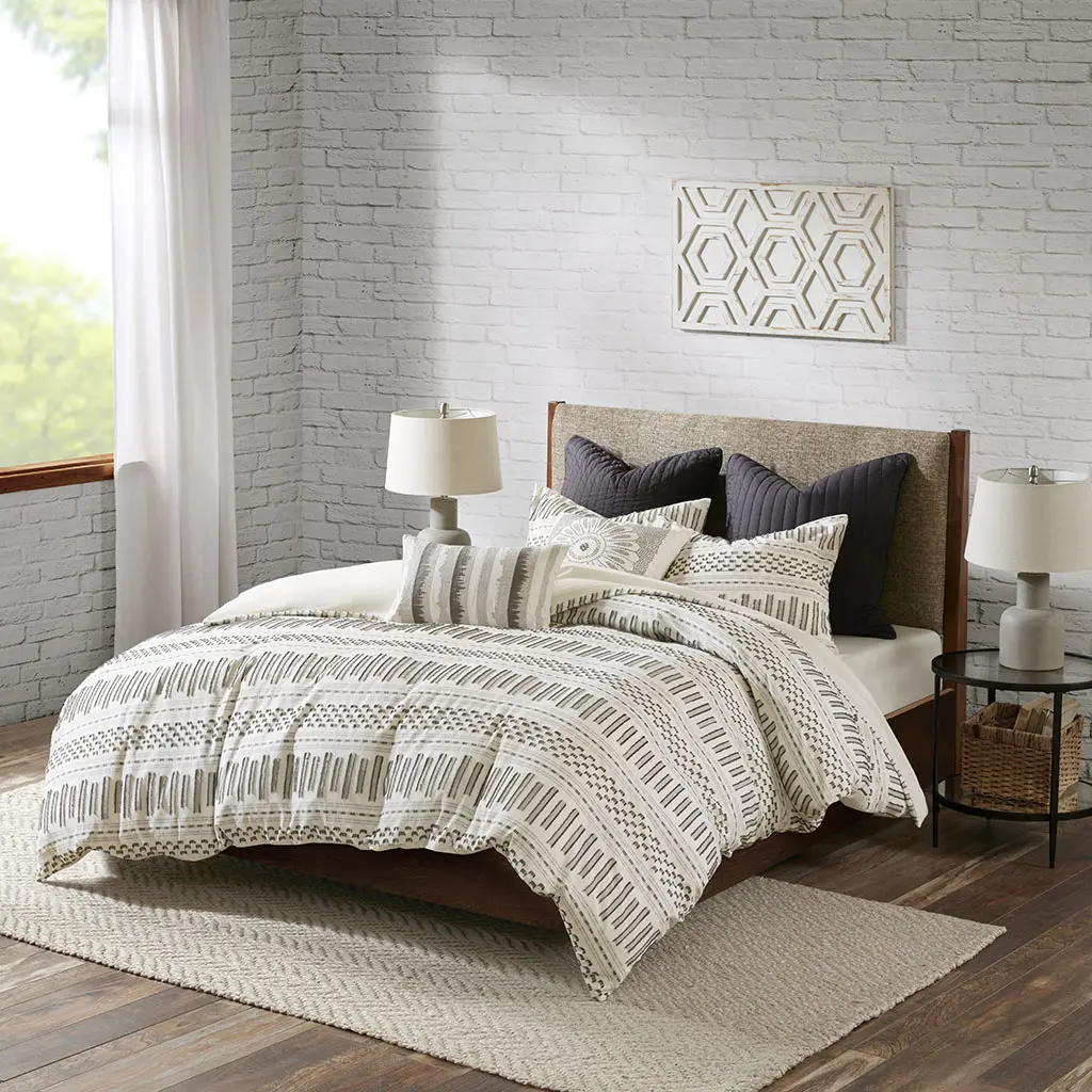 Nokaa Cotton Jacquard Comforter Mini Set King/Cal King Ivory Charcoal – Soft Breathable Farmhouse Bedding with Eyelash Woven Stripes, Reversible Duvet-Like Finish, Oeko-Tex Certified, Includes Comforter and 2 Matching Shams for Master Bedroom Gues...
