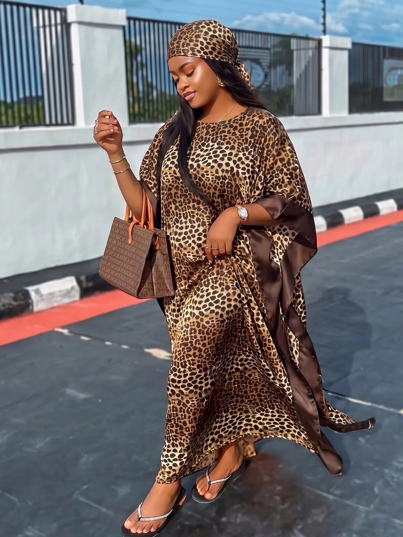 Boho Style Women's Elegant Leopard Print Robe Set, Long Dress + Headscarf Scarf Hairband, Summer Coverup, Daily Beach Vacation Beach Coverups Sun Protection Lightweight Wrap Beachwear Cover Up