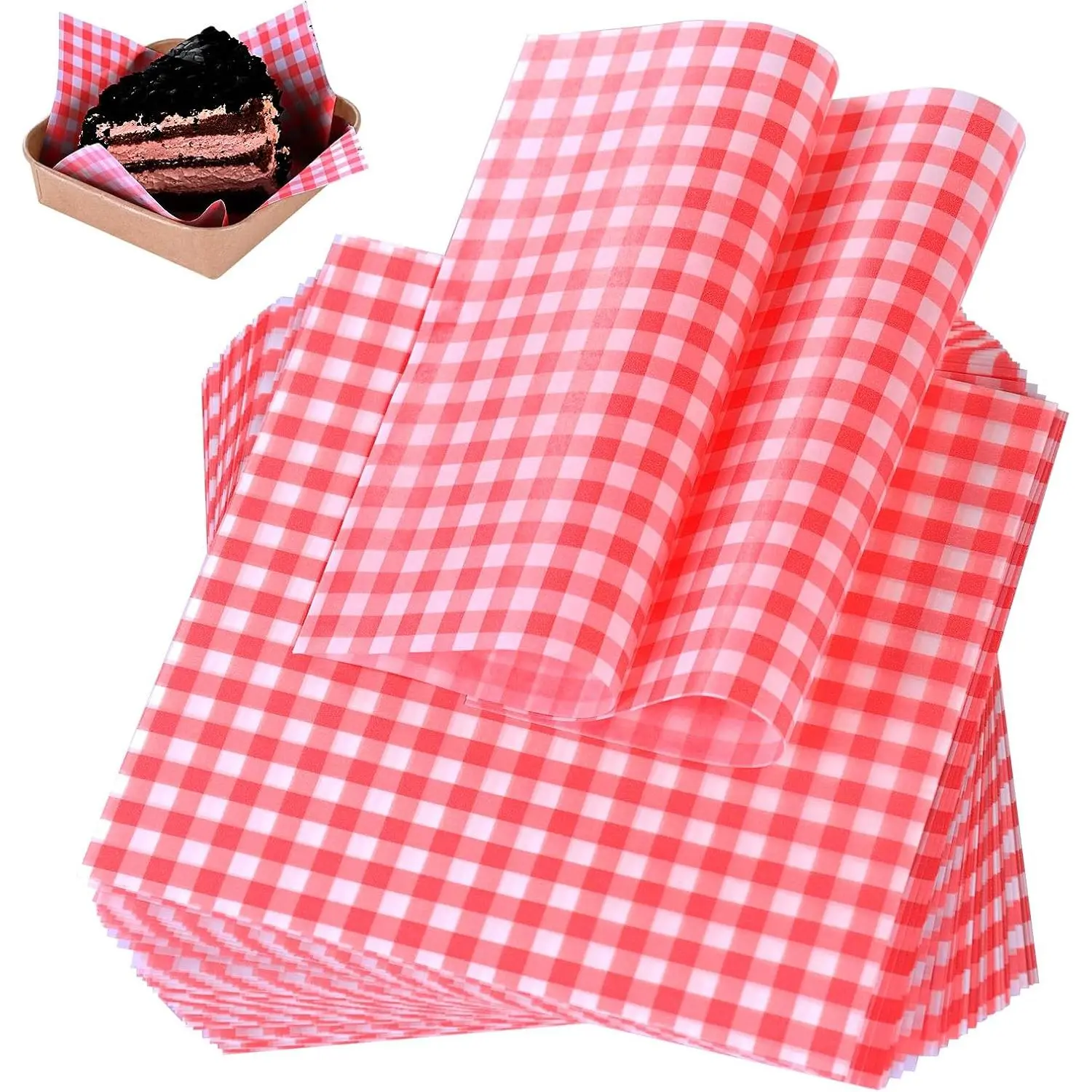 100-Count 7x7 Inch Red Checkered Wax Paper Sheets, Kitchen Basket Liners for Wrapping Bread, Sandwiches, Square