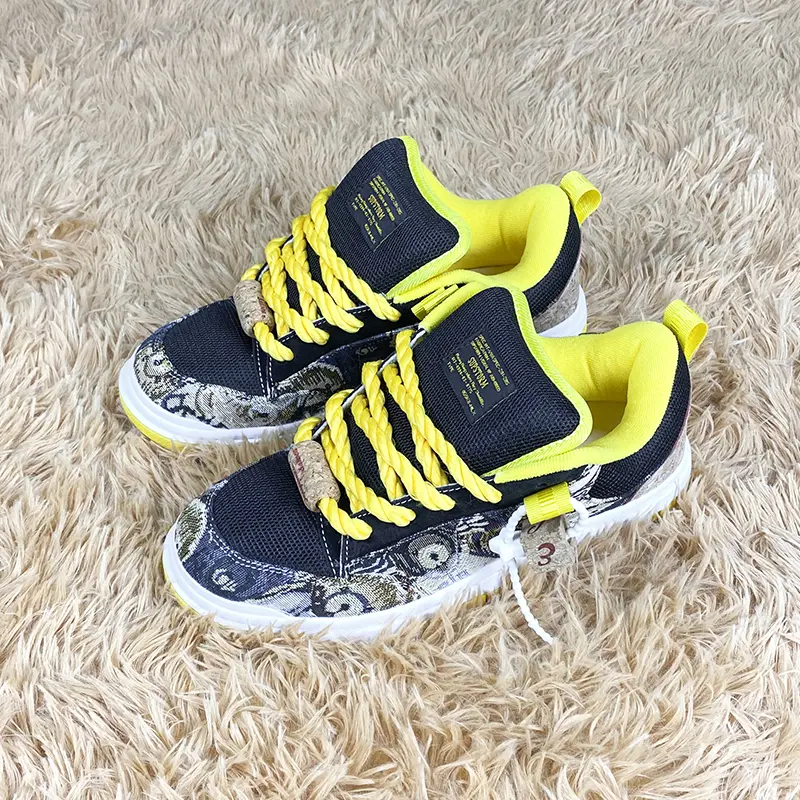 Black Vintage Floral Print Spliced Mesh Platform Skate Sneakers for Men Women, Bright Yellow Thick Twisted Rope Laces Wooden Hang Tag Retro Y2K Hip Hop Street Casual Low Top Board Shoes, Height Increase Daily Walking Footwear