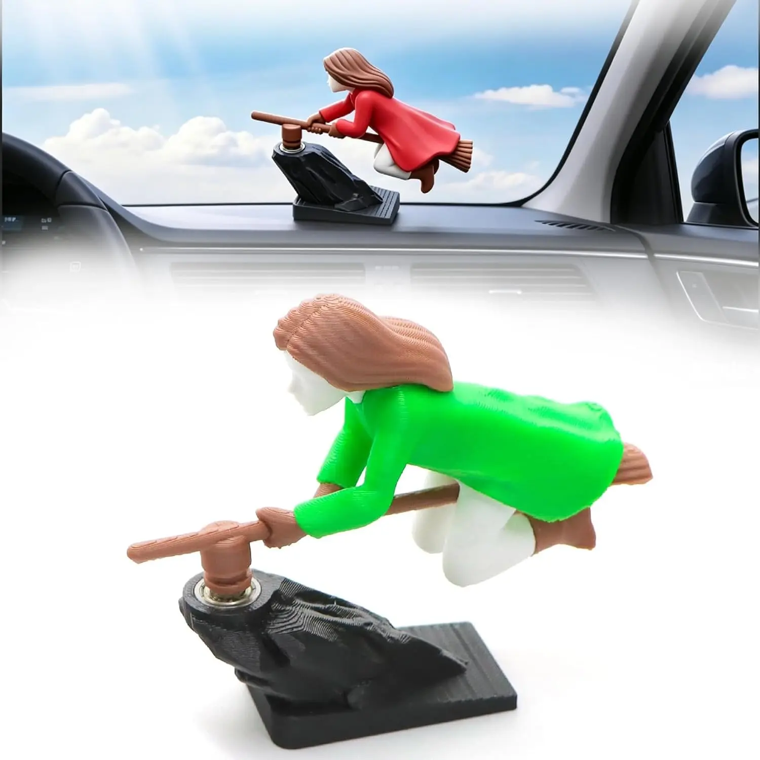 Wizard Broomstick Dashboard Ornament, Motion Activated Drifting Car Decor, Flying Mini Figure Interior Accessory, Fun Gift for Drivers & Car Enthusiasts,Green-B