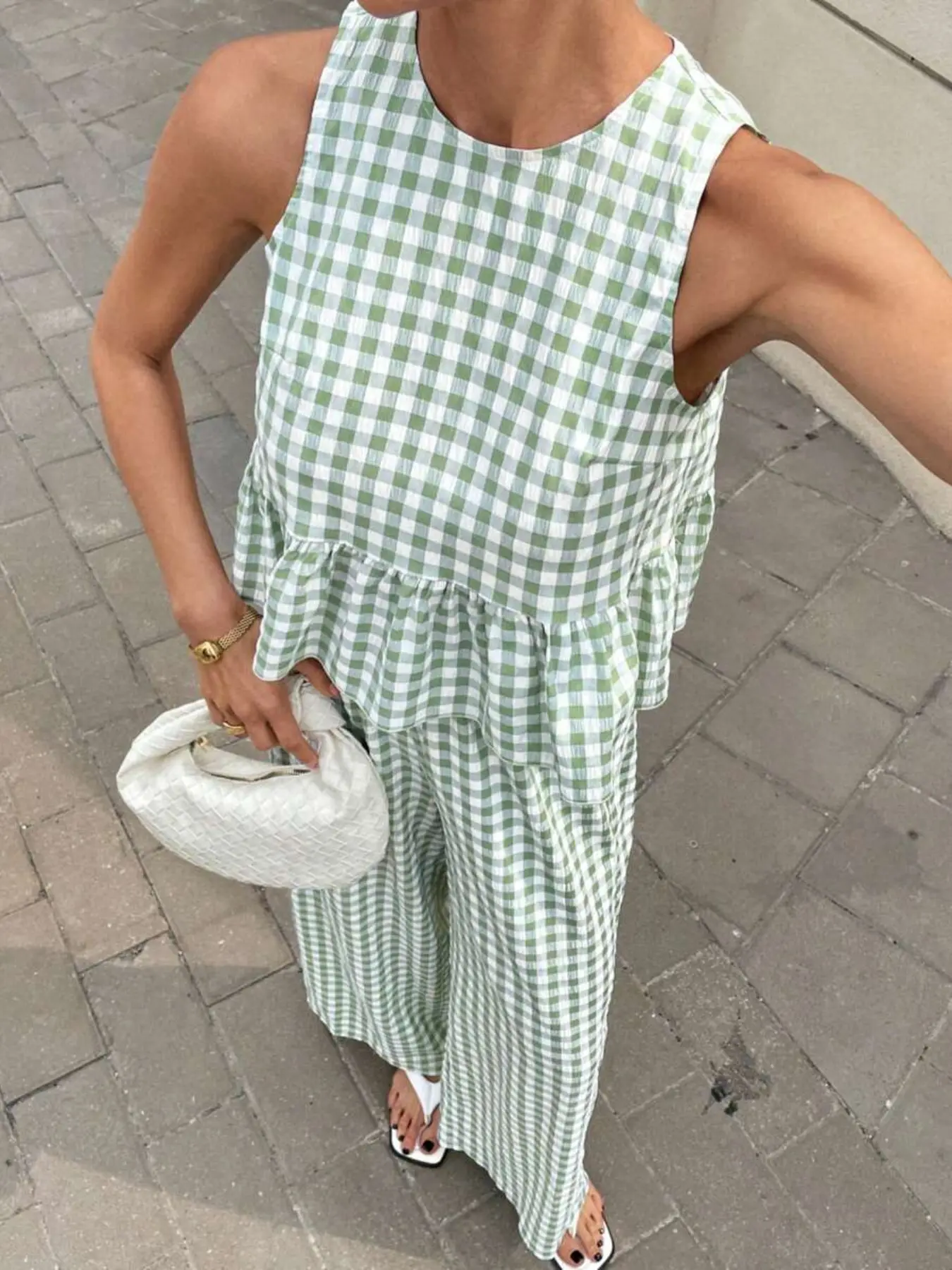 Women's and Plaid Ruffle Hem Sleeveless Shirt and Wide Leg Pants Set, Bohemian Boho Summer Casual Lunch, 2-Piece Vacation Set, Chic Fashion Clothes