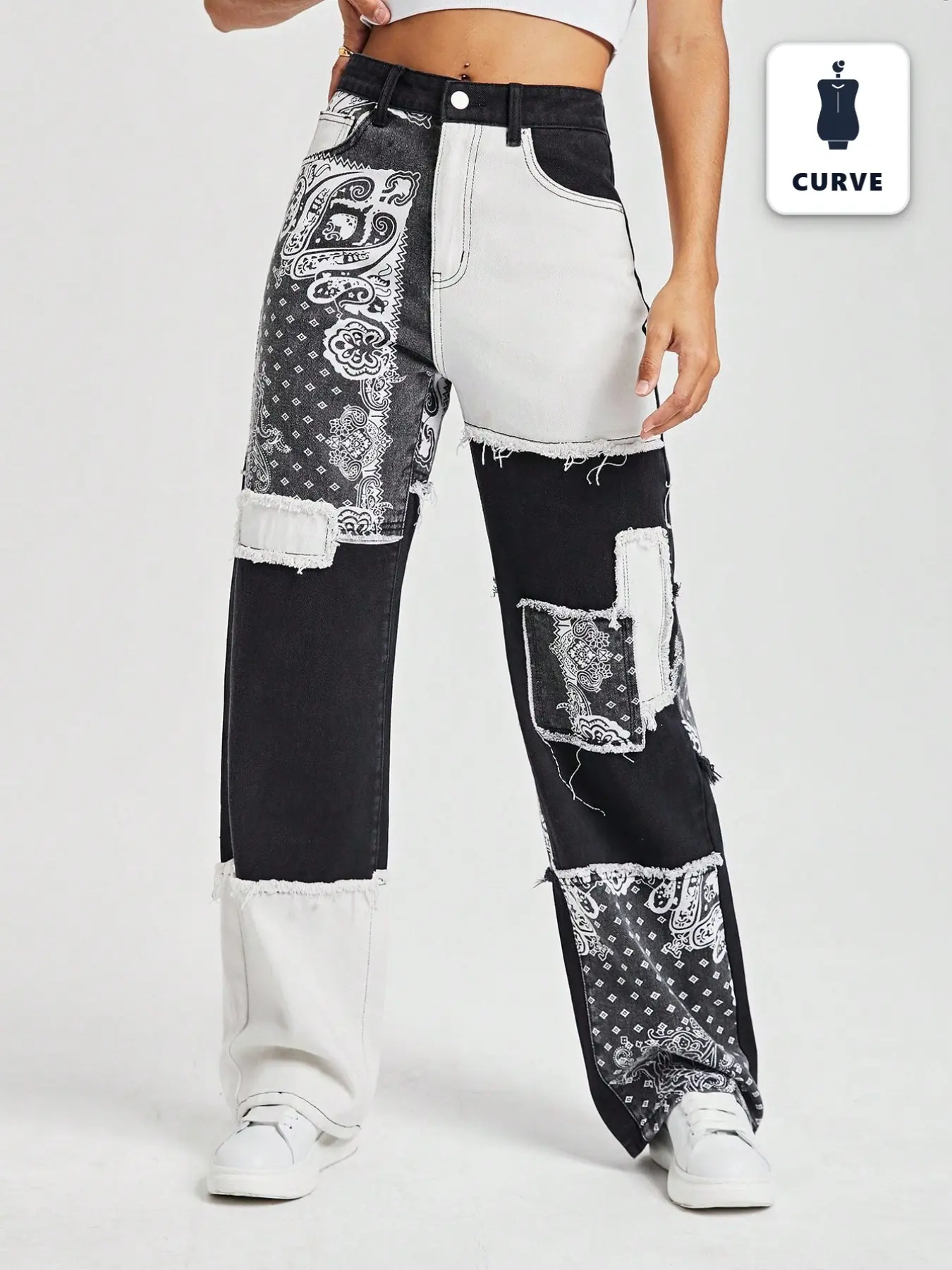 Plus Size American Vintage Paisley Patchwork Jeans, High Waist Slimming Wide Leg Pants, Women's Fashionable Denim Trousers