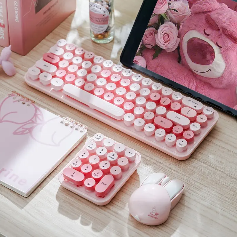MOFii Pink 3-in-1 Wireless Keyboard & Mouse Combo, Round Keycap Keyboard + Independent Numeric Keypad + Cute Cartoon Bunny Mouse, Portable Office Set, Compatible with Laptops & Desktops