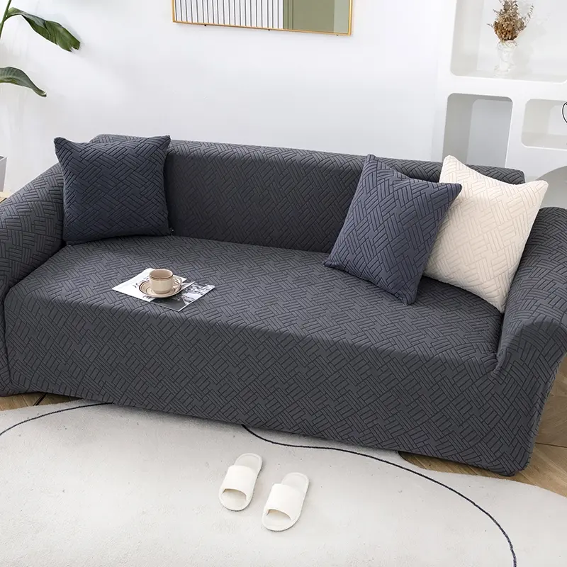 Geometric Weave Jacquard Stretch Full Wrap Sofa Cover All Inclusive Anti-Scratch Pet Friendly Non-Slip Elastic Couch Slipcover Washable Furniture Protector For L-Shaped Chaise Sectional 1/2/3/4/5Seater Living Room Sofa Protector, Stretchable Sofa Cover