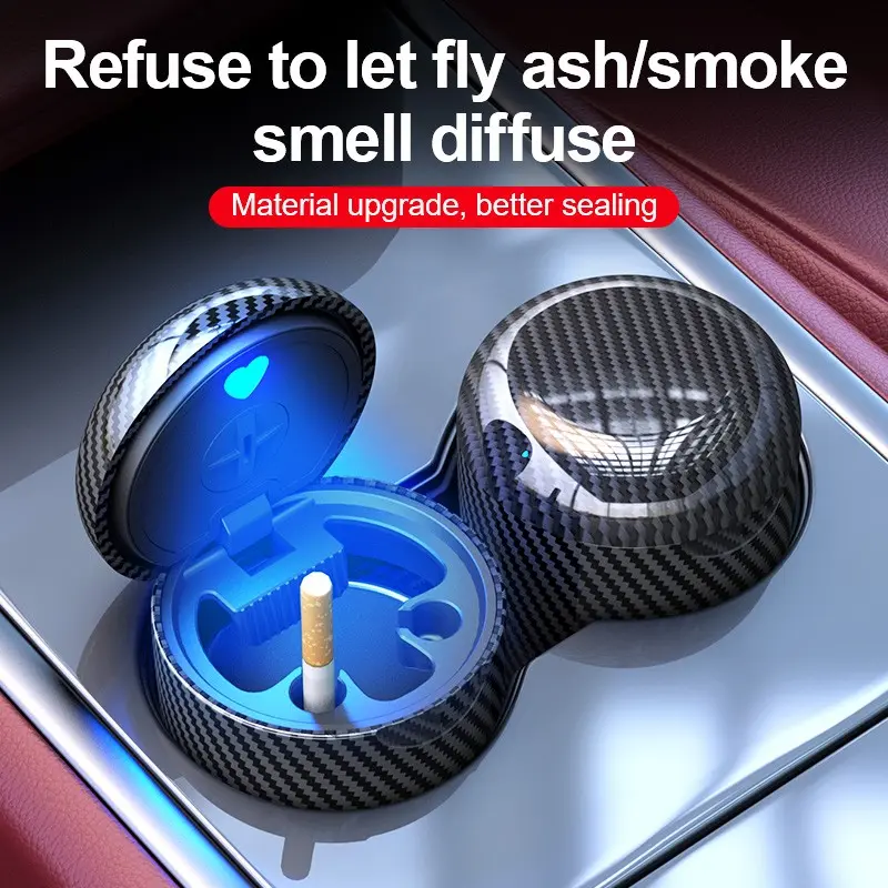 Car Ashtray with LED Light, Carbon Fiber Texture, Sealed Anti-Scatter, Metal Inner Lining, Flame Retardant, Universal Car Cup Holder, Car Organization Supplies, Car Accessories