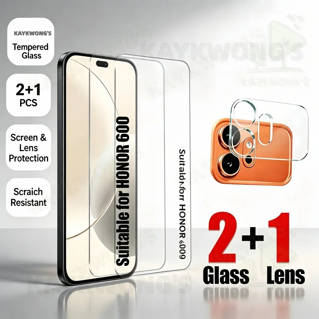 KAYKWONG'S 3-In-1 Screen Protector Set for Honor 600 Pro/600 5g, 2 Front Tempered Glass Panels & 1 Camera Lens, 9h Hardness, Bubble-Free, Fingerprint Unlock Support