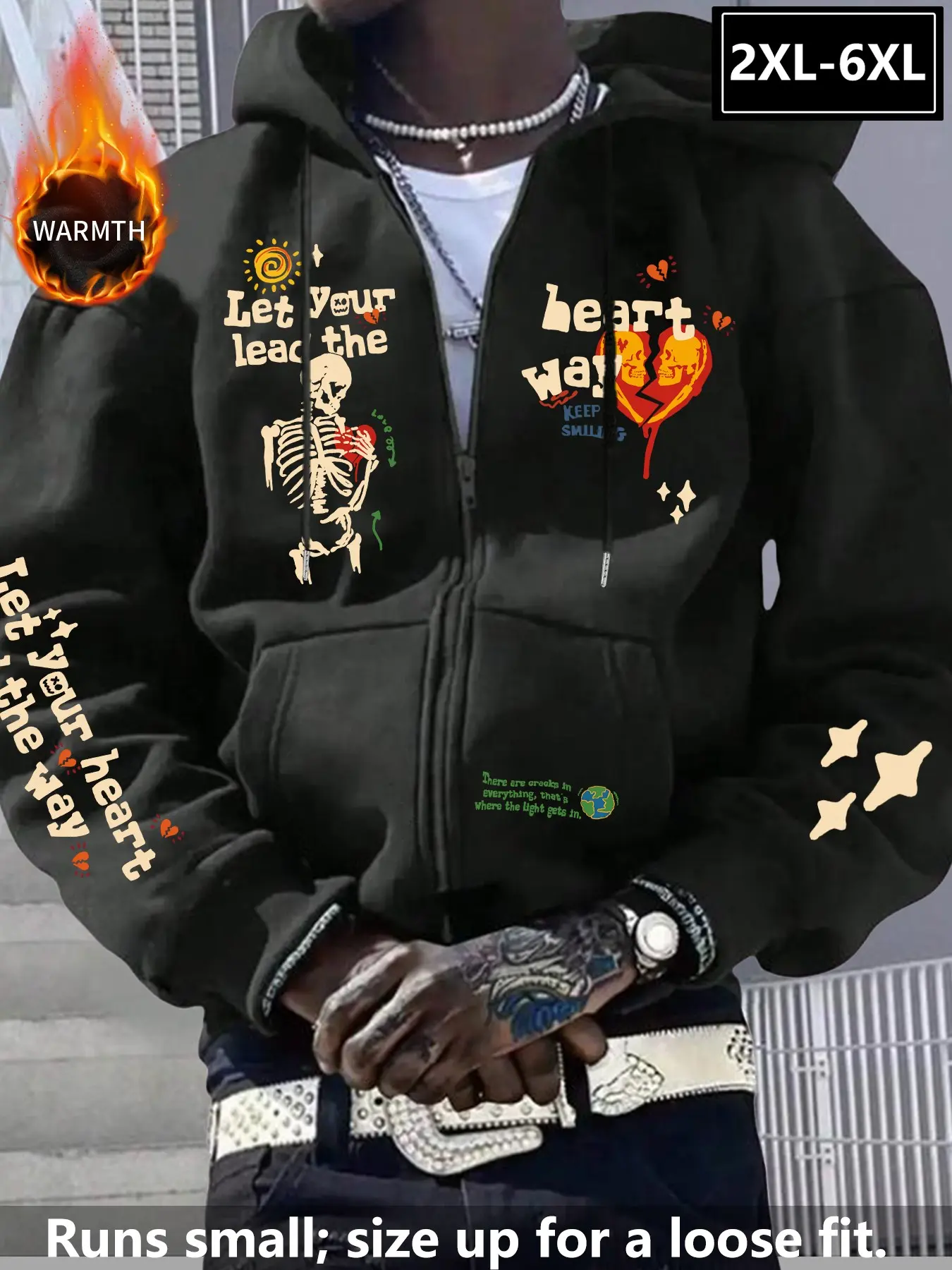 Plus Size Men's Black Oversized Fleece Lined Full Zip Graphic Print Hoodie Gothic Hoodies 2XL-6XL, Y2K Gothic Skeleton Broken Heart Letter Print Zip Up Jacket, Soft Warm Streetwear Hooded Outerwear Perfect for Autumn Winter Urban Street Style