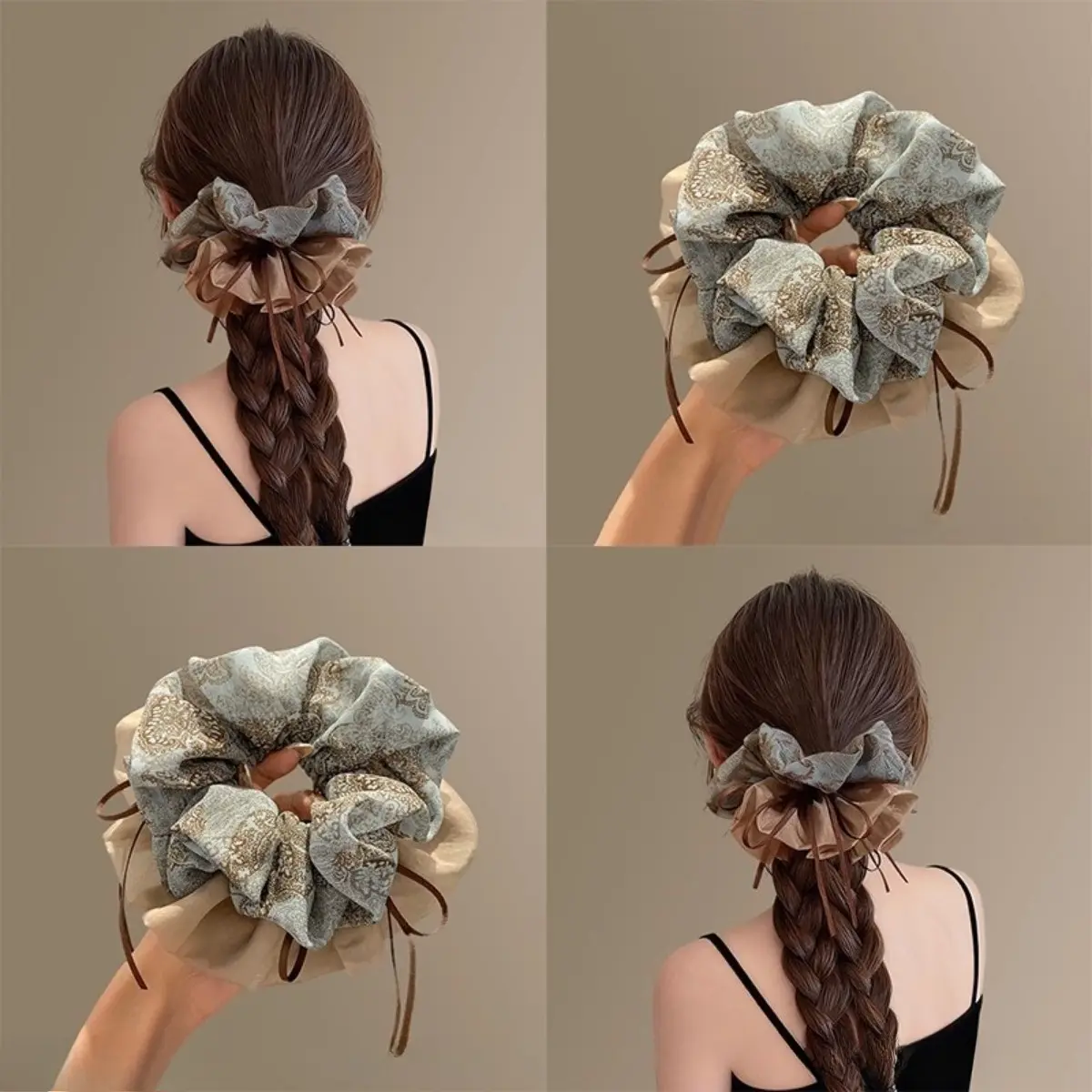 2026 New Vintage Floral Ribbon Scrunchies for Women, Elegant High-End Design, Large Size Hair Ties with Long Streamer, Soft Stretchy Hair Bands Perfect for Ponytails & Buns, Stylish Daily Hair Accessories tiktokshopbacktoschool