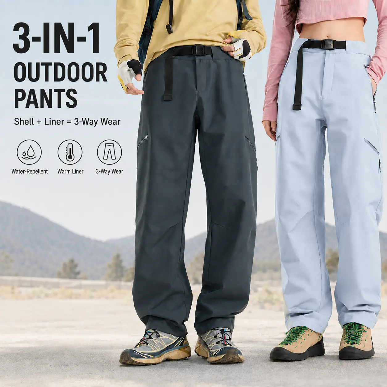 3-in-1 Detachable Fleece Lined Hiking Pants, Water-Resistant Windproof Outdoor Softshell Pants with Adjustable Belt & Zipper Pockets, Cold Weather Trekking Camping Travel Pants