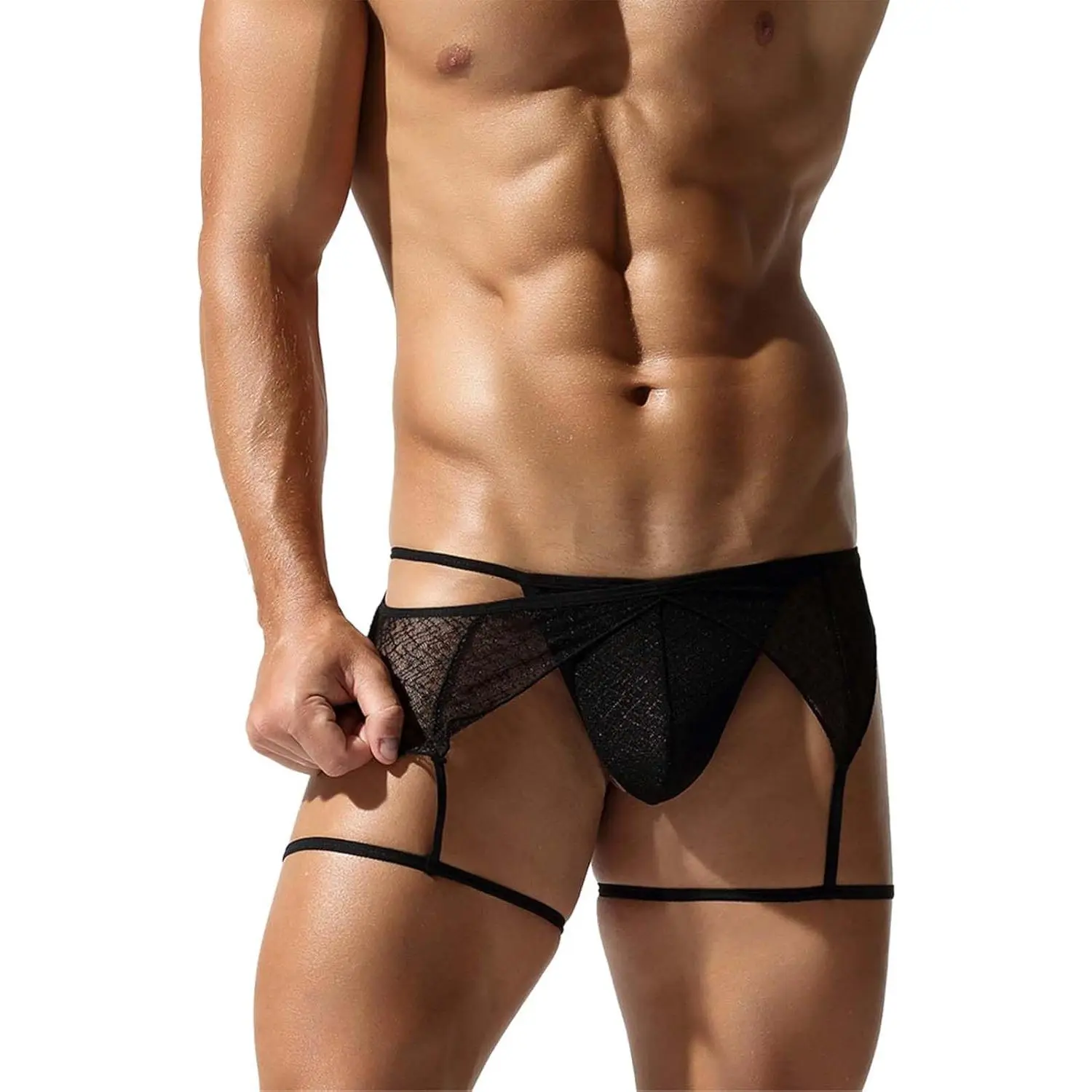 Men's Menswear Sheer Lace G-String with Low-Rise Fit, Garter Straps & Femboy Pouch Panties