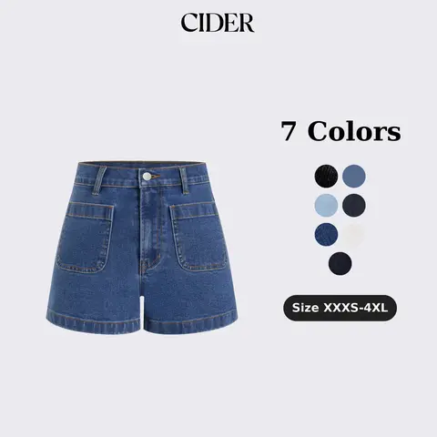 Cider Vintage Denim Shorts for Casual Daily, Elegant High Waisted Short Jeans, Ladies Sailor Patch Pocket Bottoms, Vacation Outfits, Lady Pant
