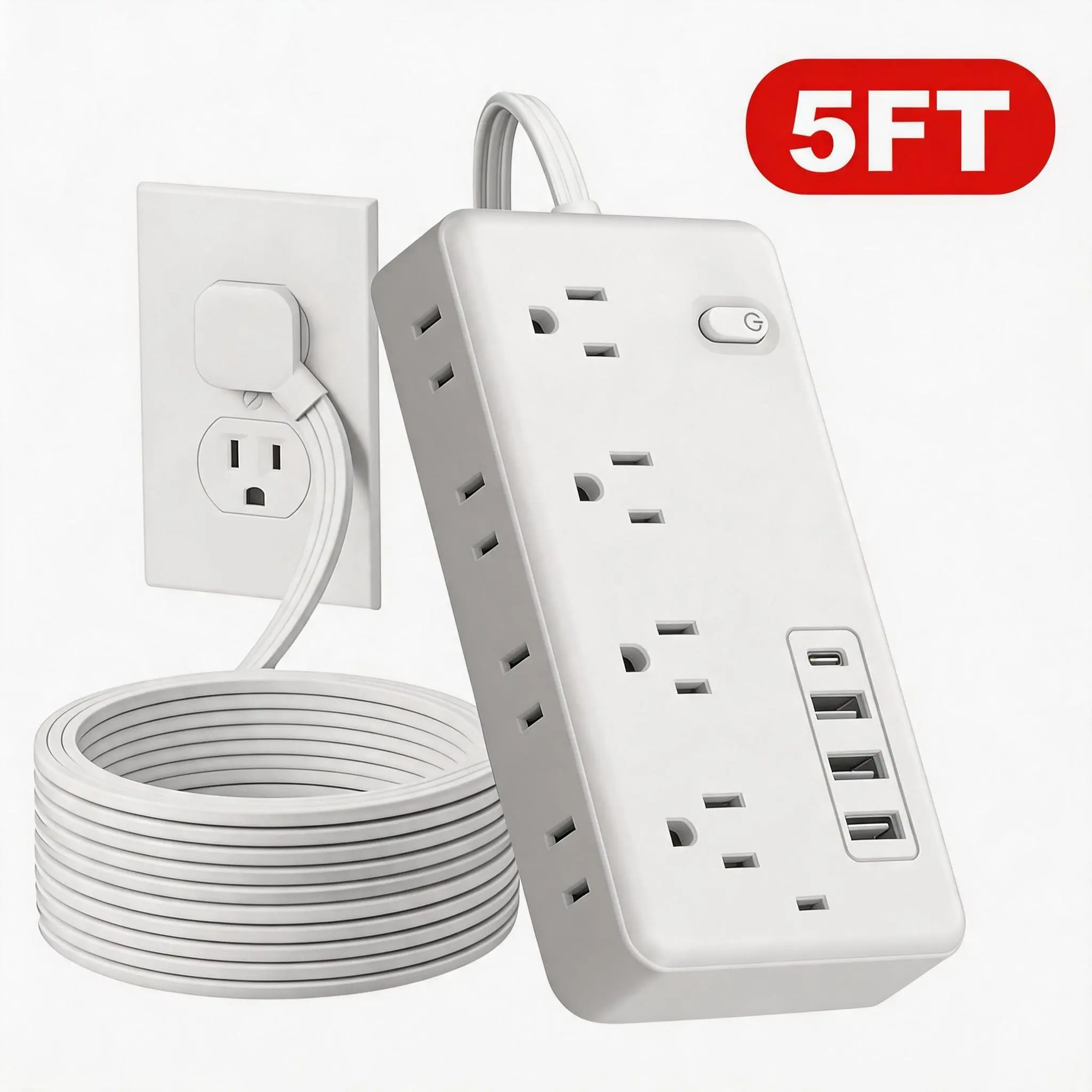 Surge Protector Flat Extension Cord Flat Plug Power Strip, 8 AC Outlets, 4 USB Charger(1 USB C Port) 3-Sided Outlet Extender, 5Ft Extension Cord Charging Station,  Office Supplies, Dorm Room Essentials