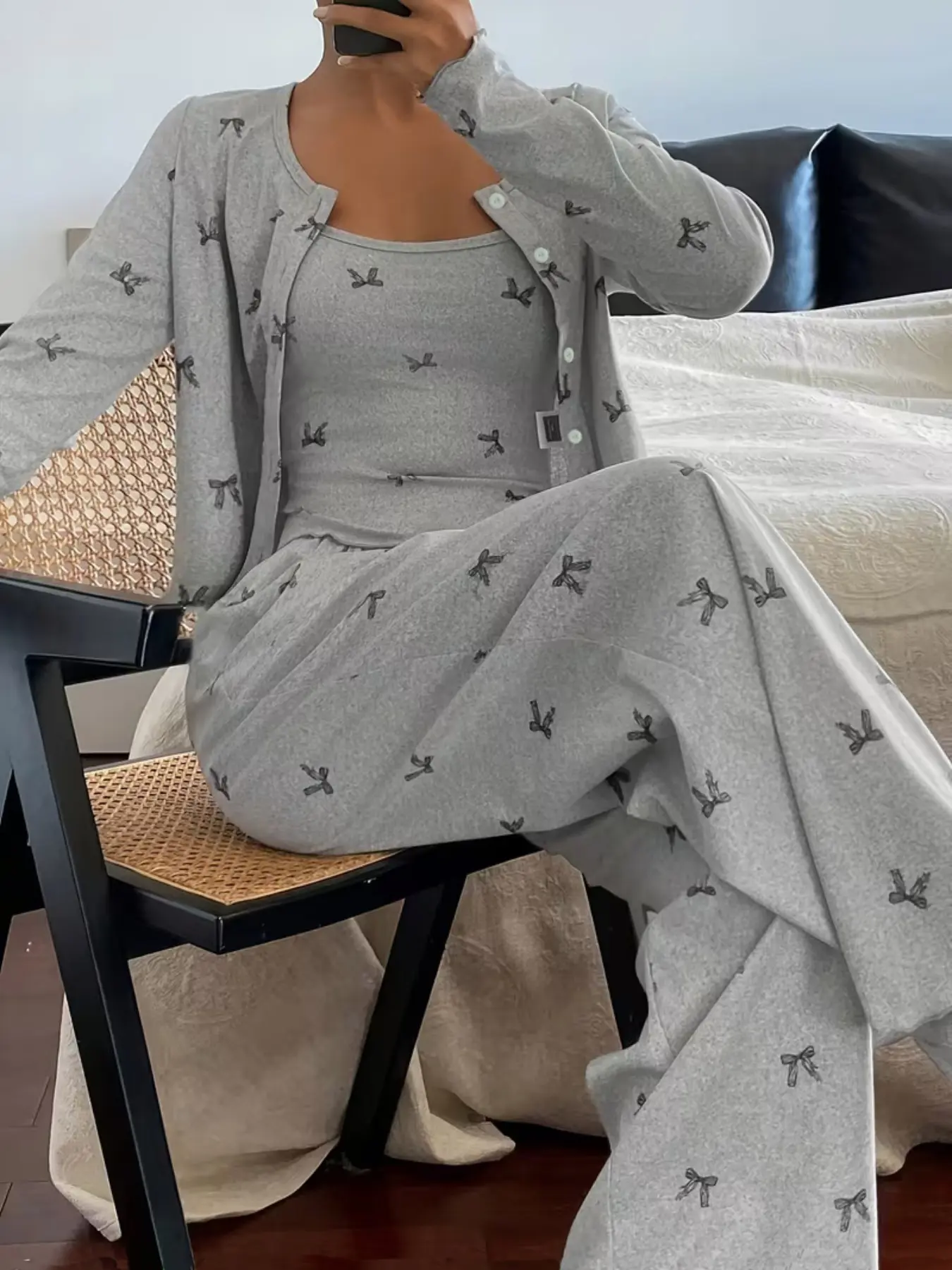 Spring Summer Bow Print Pajama Set, Women's Long Sleeve Tank Top and Pants, Three-Piece Home Wear, Comfortable Sleepwear