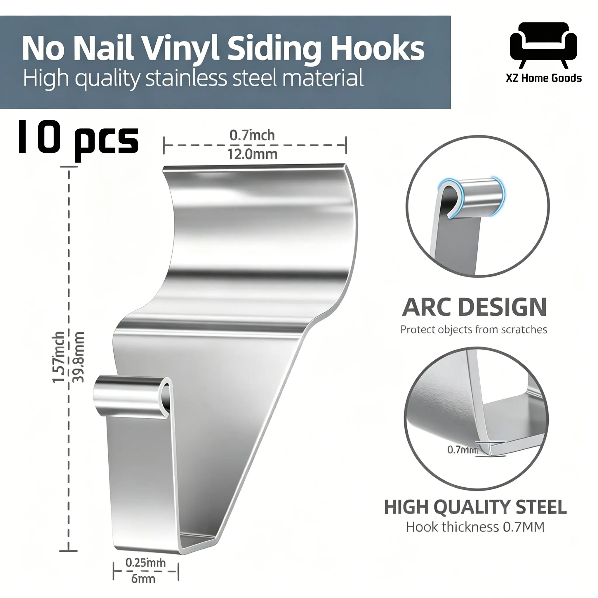 10 heavy-duty stainless steel silver vinyl exterior wall hooks, low profile exterior wall clips, hooks, and hangers that do not require drilling, used for hanging flower garlands and outdoor holiday decorations, reusable