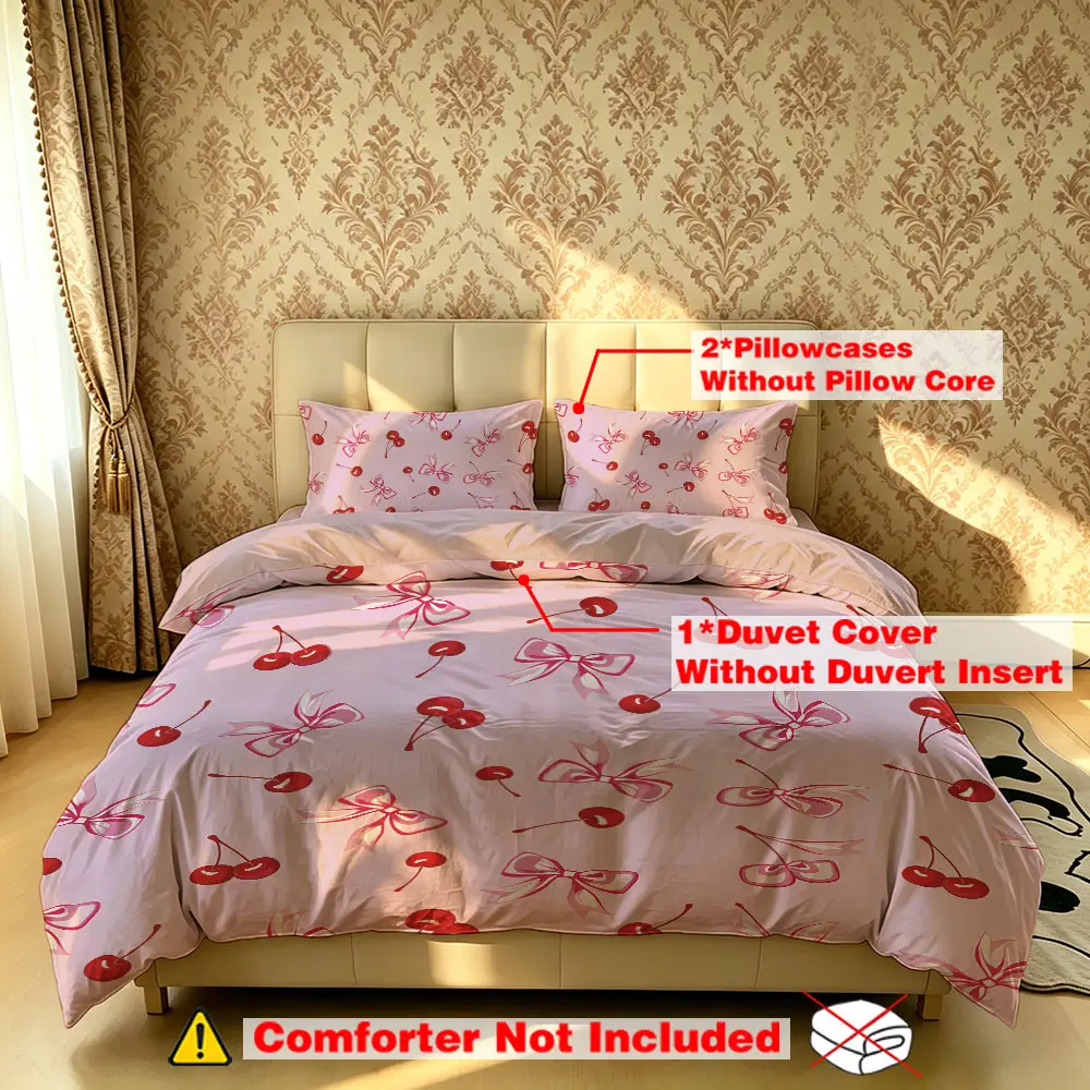The 3-piece cherry bow pattern theme bedding set, Comfy Bedding Set, includes one bedspread and two pillowcases, without fillings. It's comfortable, suitable for single beds and double beds, and ideal for use in bedrooms and hotels