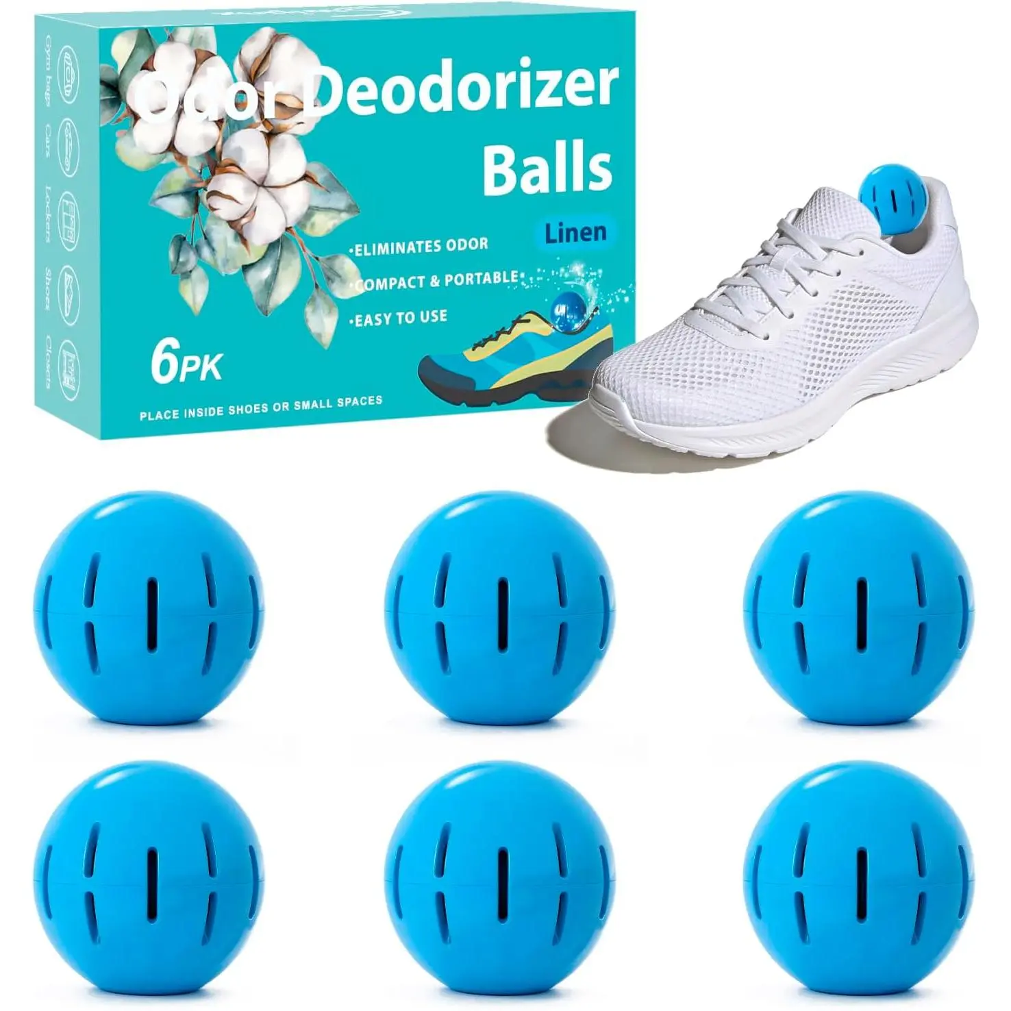 Shoe Deodorizer Balls 6 Pack, Odor  for Sneaker  Gym Bag Closet Locker, Long-Lasting Air Freshener Linen Scent