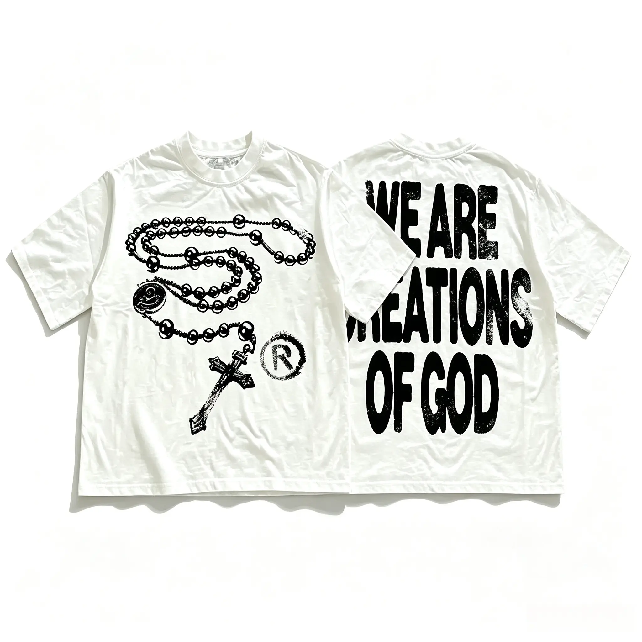 Premium Christian Streetwear, Front & Back Print Distressed Rosary Cross Oversized Tee