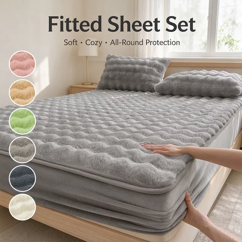 Faux Rabbit Fur Fitted Sheet Set | Soft & Cozy Bedding, 1 Fitted Sheet + 2 Pillowcases, Autumn & Winter Fitted Sheet, Home Decor, Perfect Holiday Gift