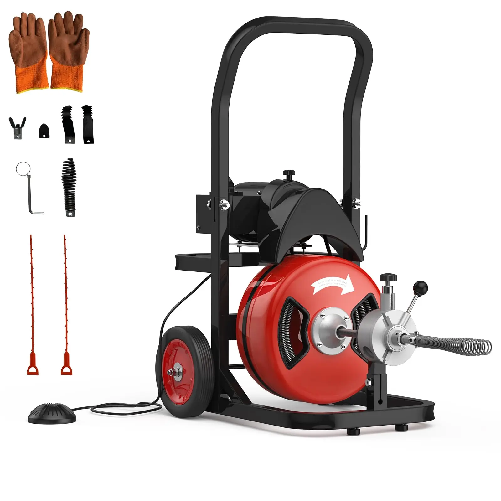 Electric Drain Cleaning Machine with Auto-Feed, Commercial Sewer Snake Machine with 4 Cutters for 2"-4" Pipe, Heavy Duty Motorized Drain Auger Sewer Cleaner with Air Foot Switch for Toilet Main Lines