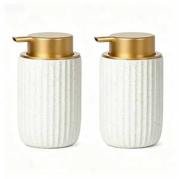 Yuri Aery Set 2-Pack Matte White Speckled Ceramic Smooth Soap Foamer Dispenser Pumps - 12 oz Refillable, Durable, Modern, ABS-Equipped, Elegant Gold Top, 3.1x3.1x5.4in for Kitchen/Bath Sink Countertops, Luxury Interiors