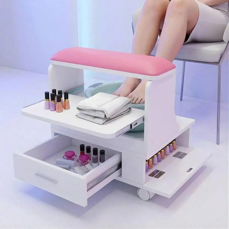 MDF Wood Single-Seat Pedicure Foot Rest Stool - Soft PU Cushion, Pull-Out Tray, Drawer, Side Cabinet, Locking Wheels - Commercial Salon Nail Tech Foot Care Station (White-Pink)